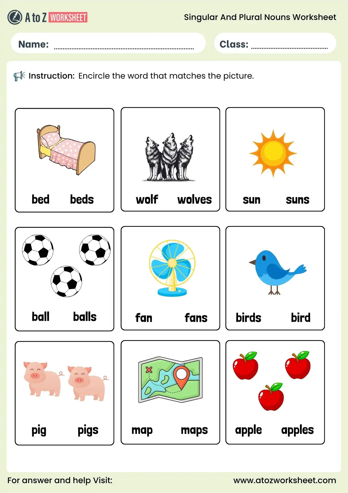 singular and plural nouns worksheets for grade 1 to grade 5 matching exercise