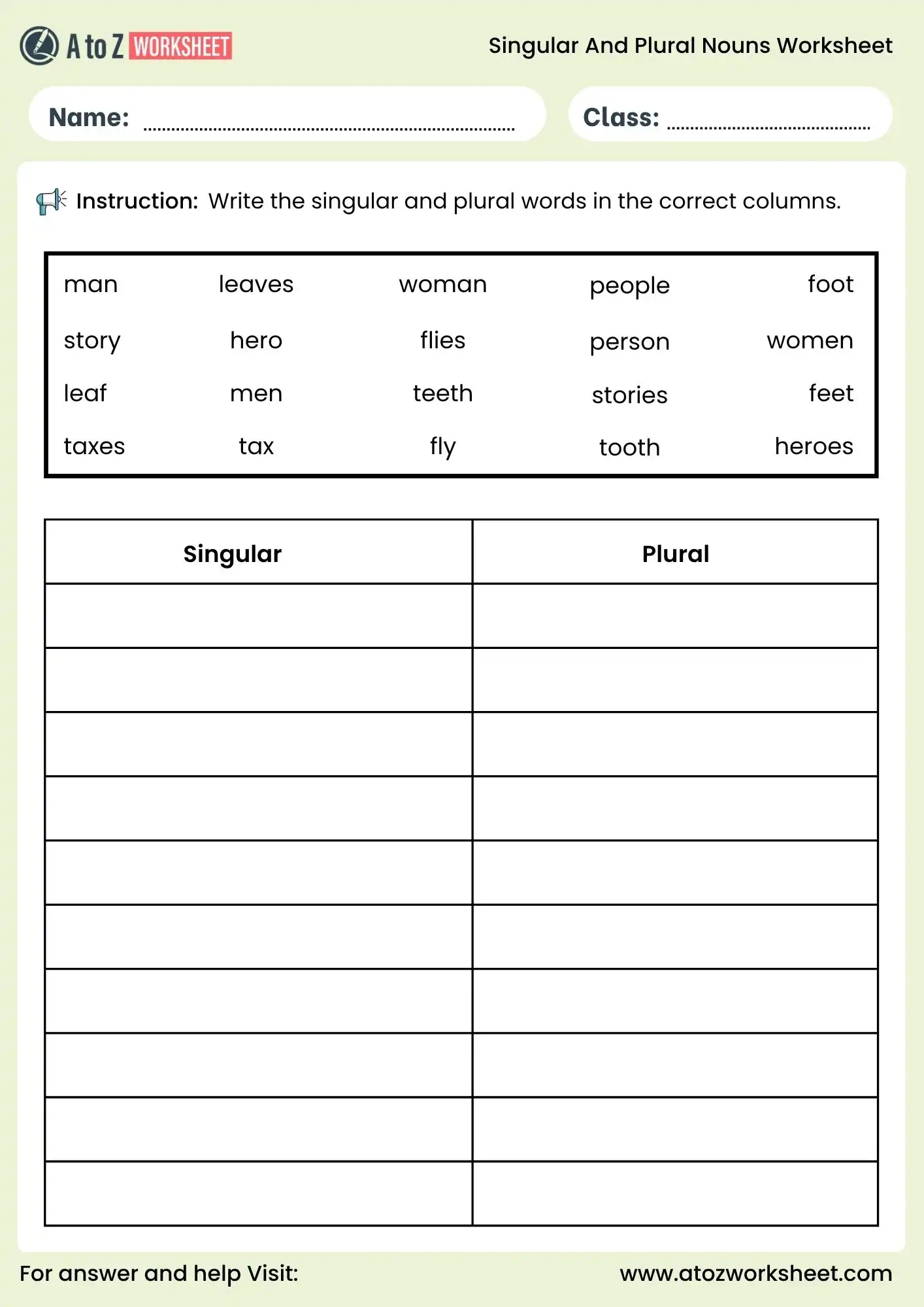 singular and plural nouns worksheets for grade 1 to grade 5 sorting activity