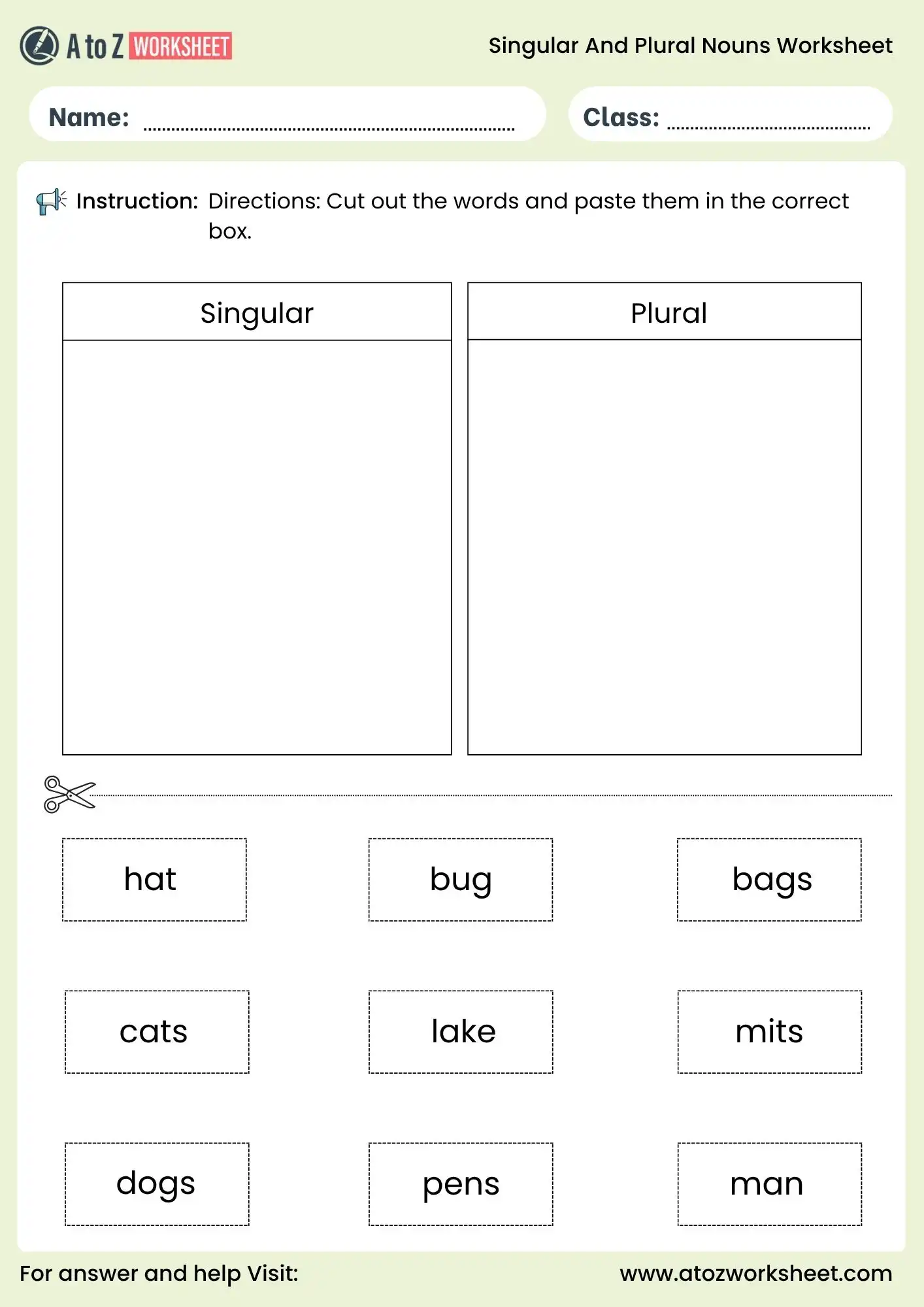 singular and plural nouns worksheets for grade 1 to grade 5 cut and paste activity