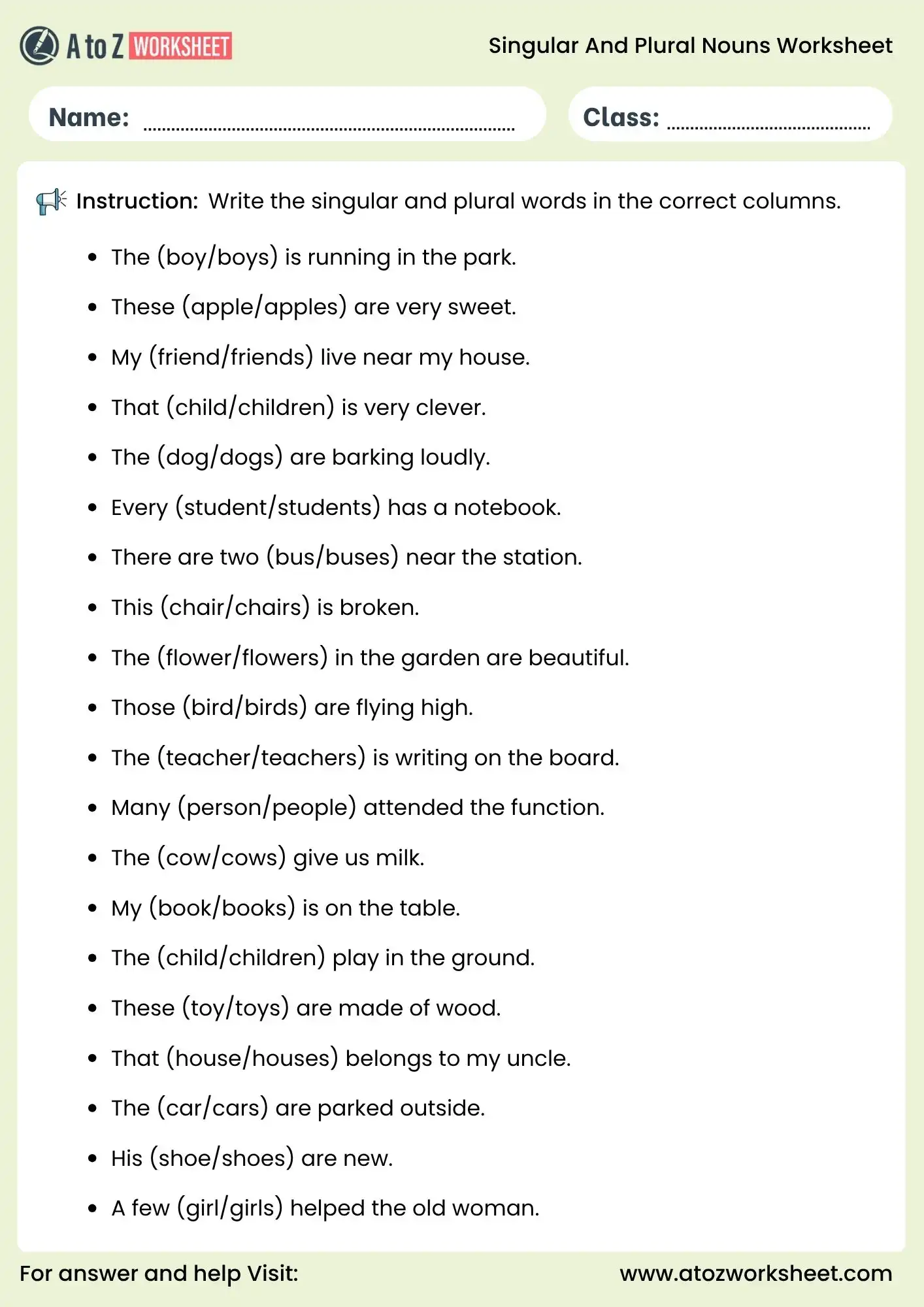 singular and plural nouns worksheets for grade 1 to grade 5 grammar sentences