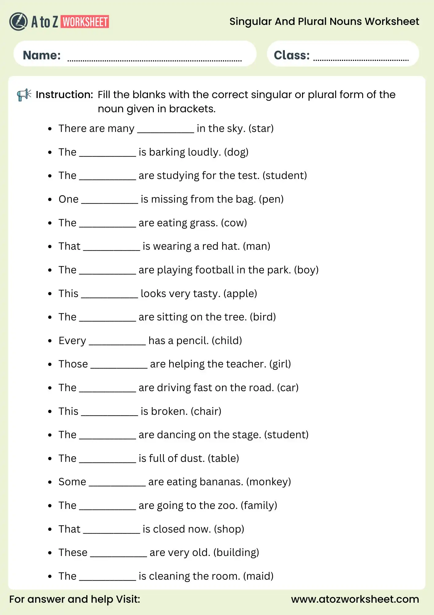 singular and plural nouns worksheets for grade 1 to grade 5 fill in the blanks activity