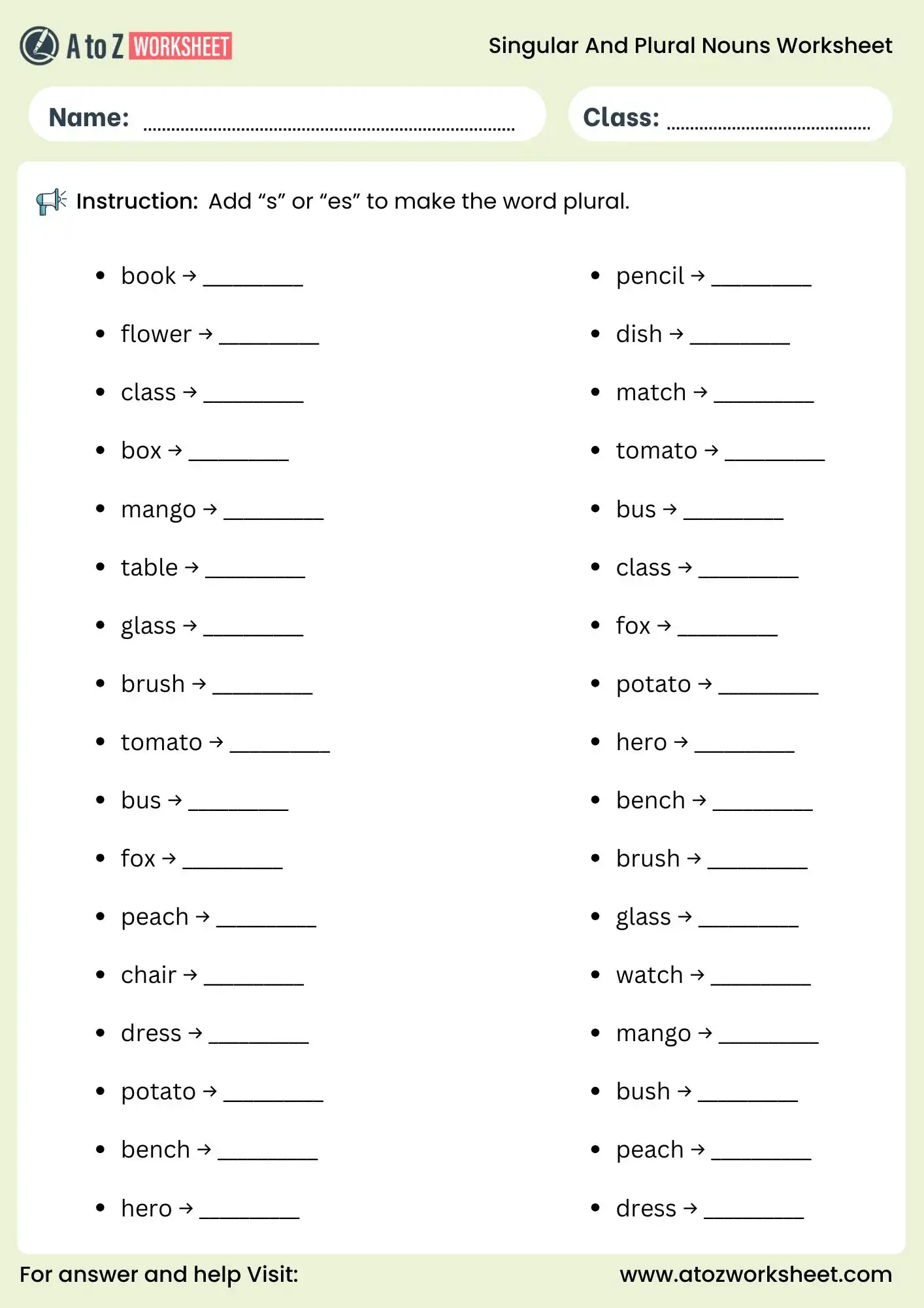 singular and plural nouns worksheets for grade 1 to grade 5 add s or es activity