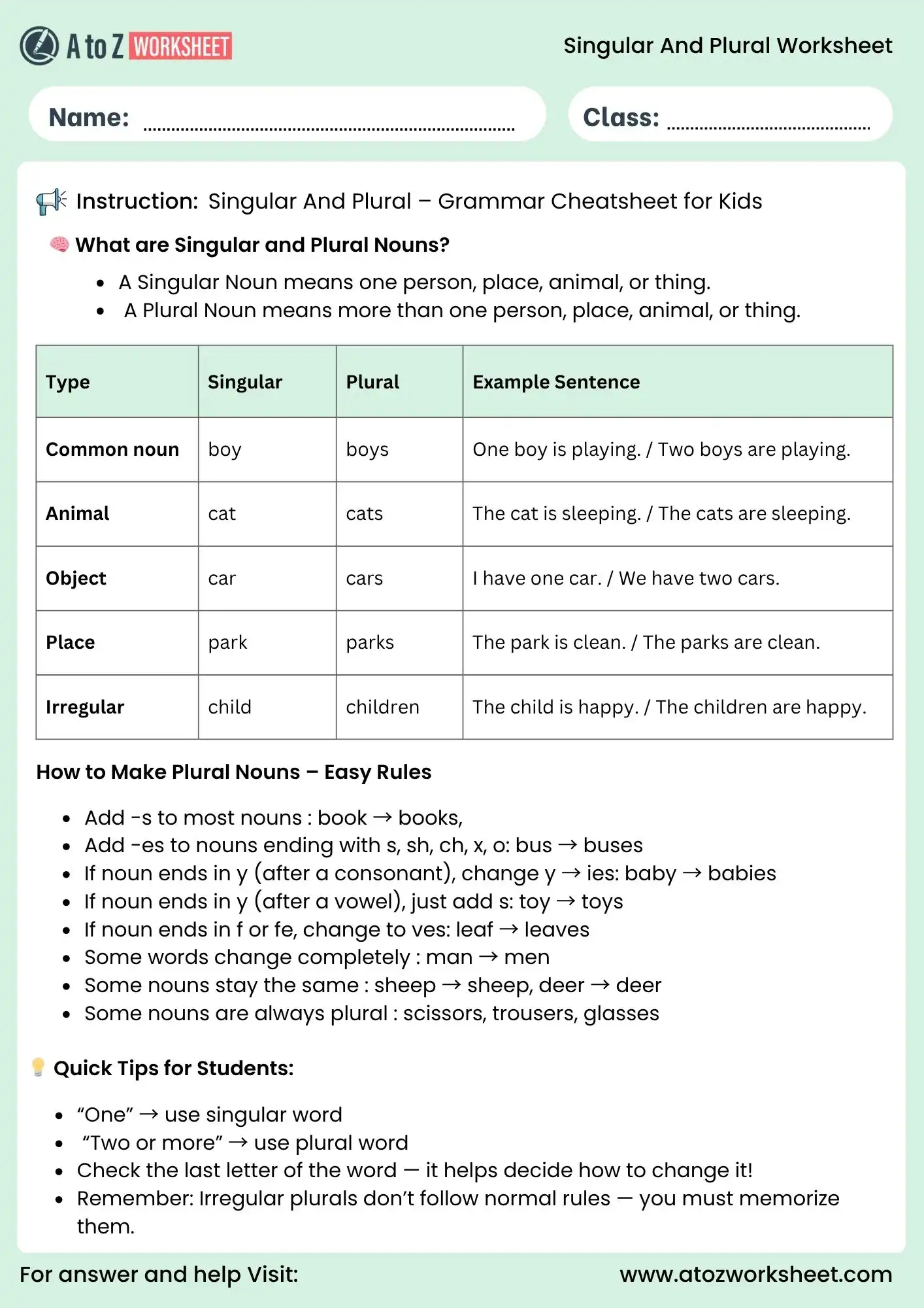 singular and plural sentences worksheets grammar chart for kids