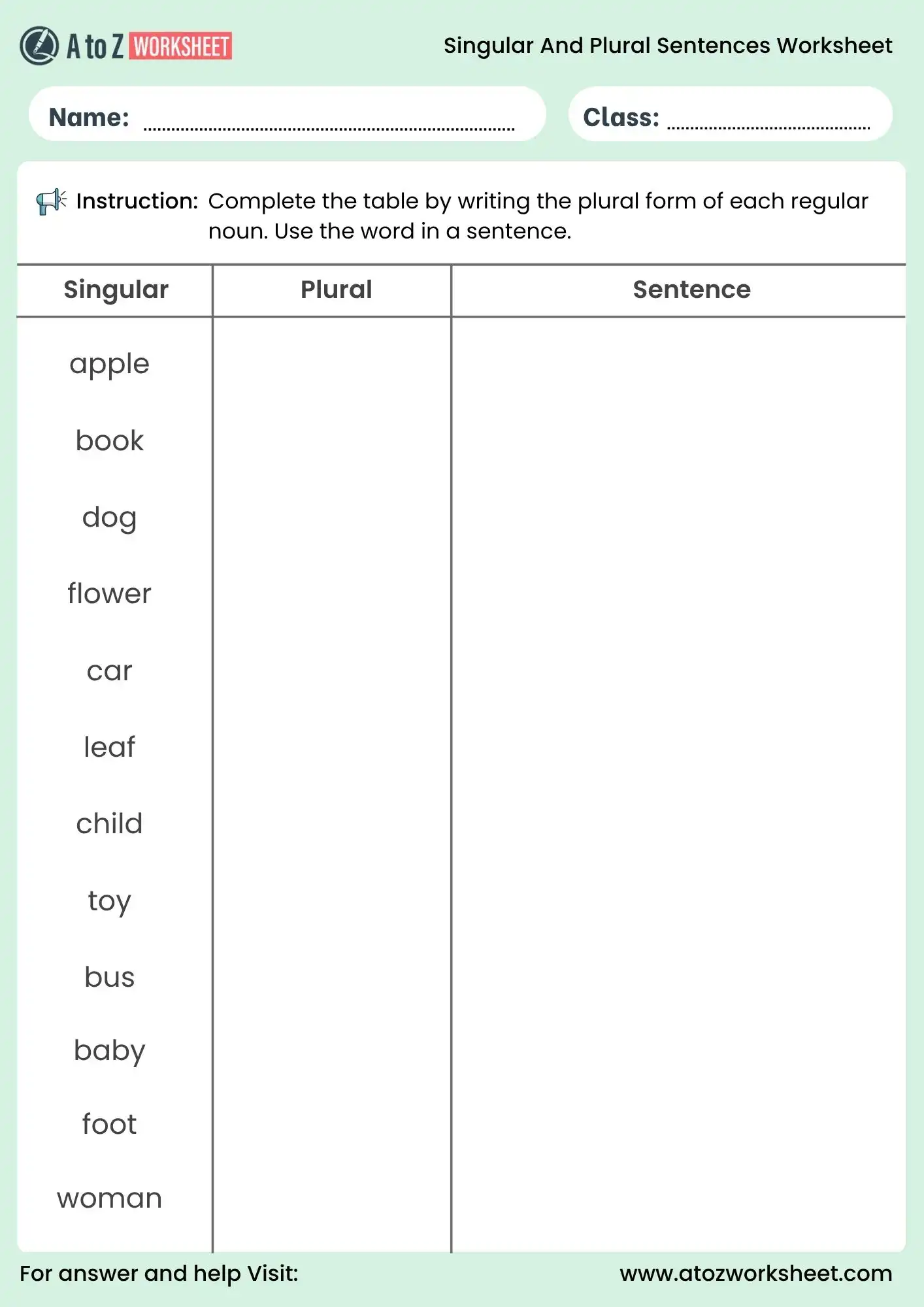 singular and plural sentences worksheet for grade 1 table activity