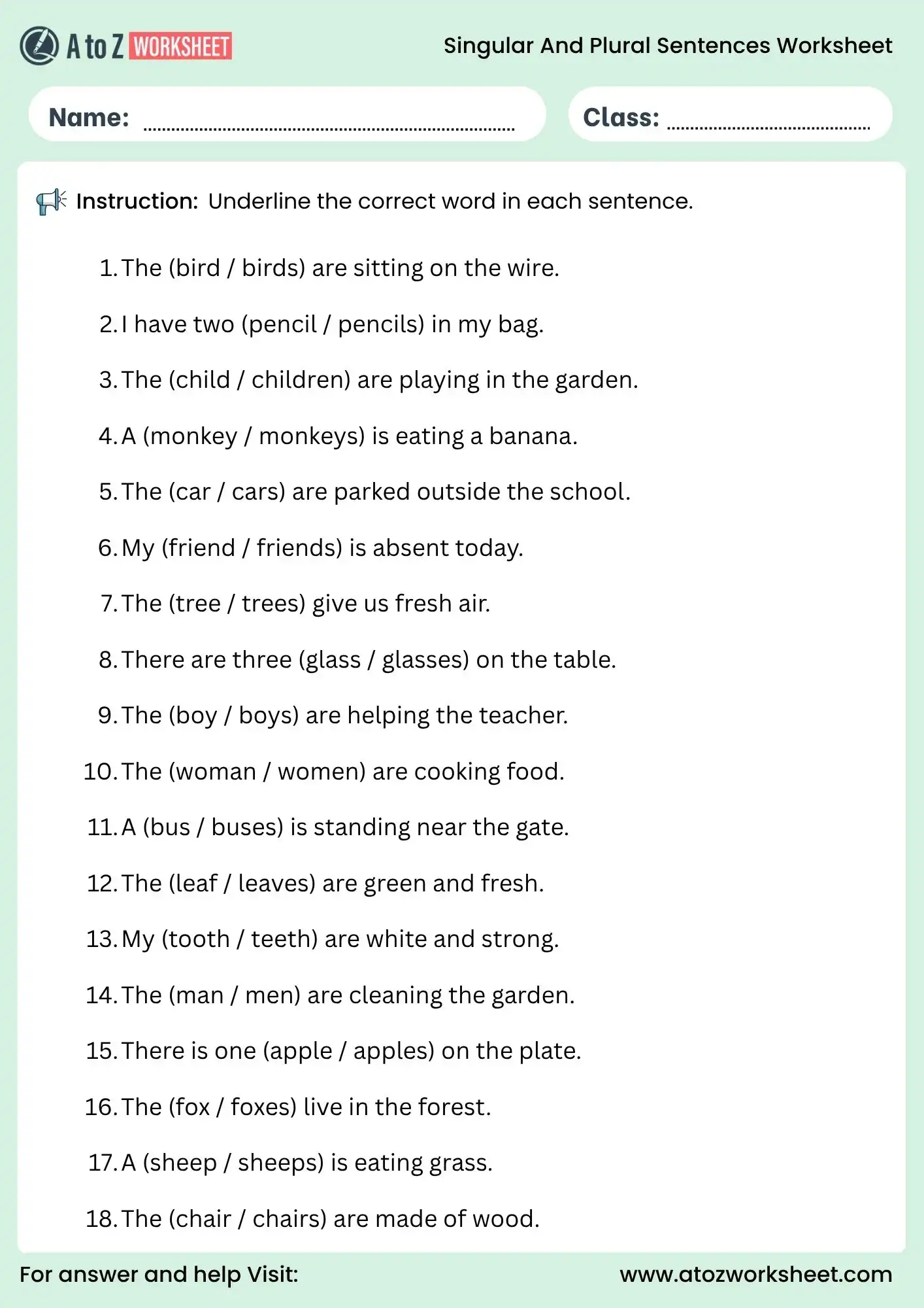 singular and plural sentences worksheet underline activity for grade 2