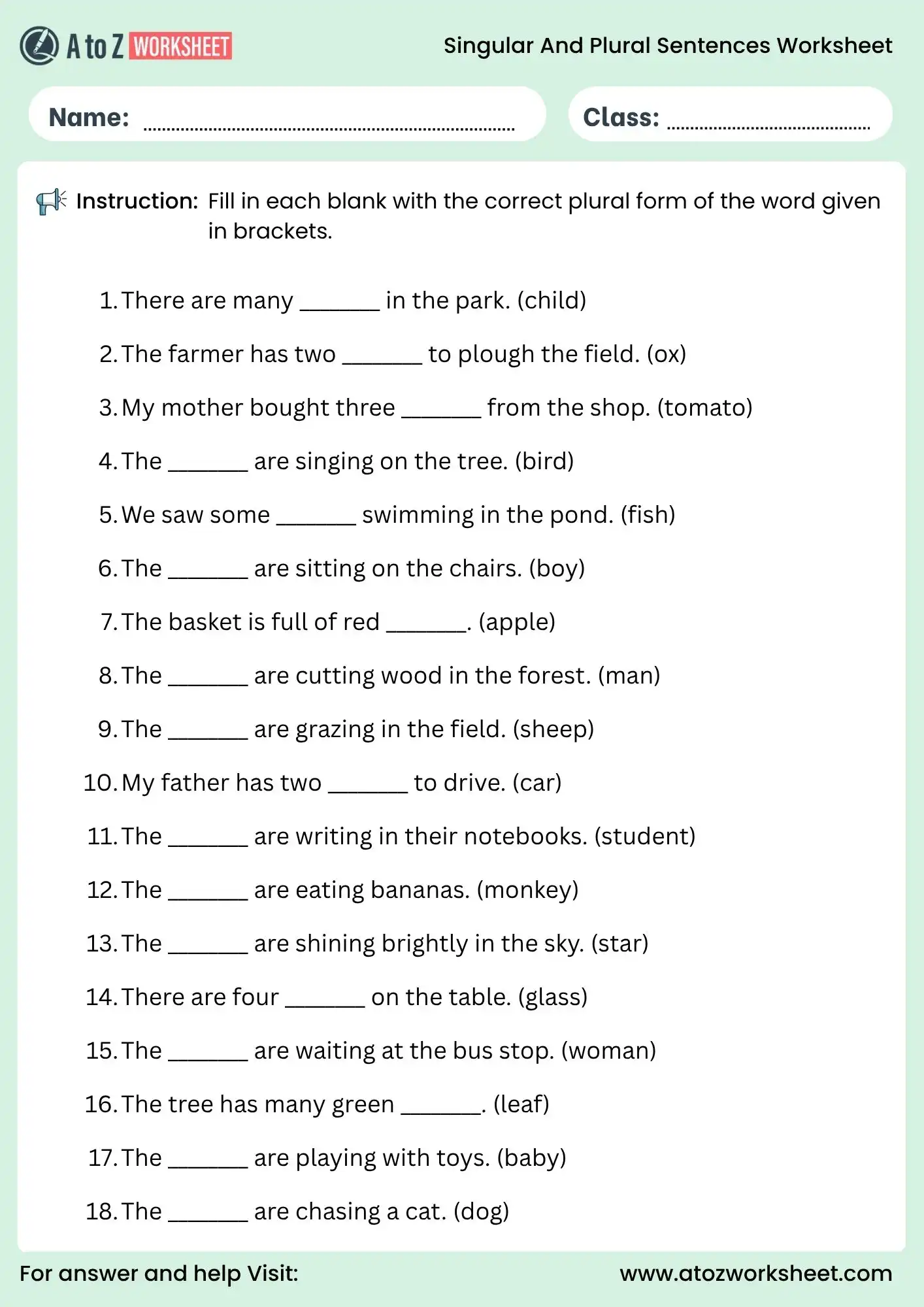 singular and plural sentences worksheet fill in blanks exercise for grade 3