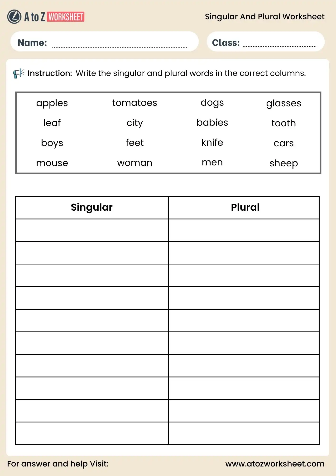 singular and plural worksheets for class 3 and class 4 sorting activity