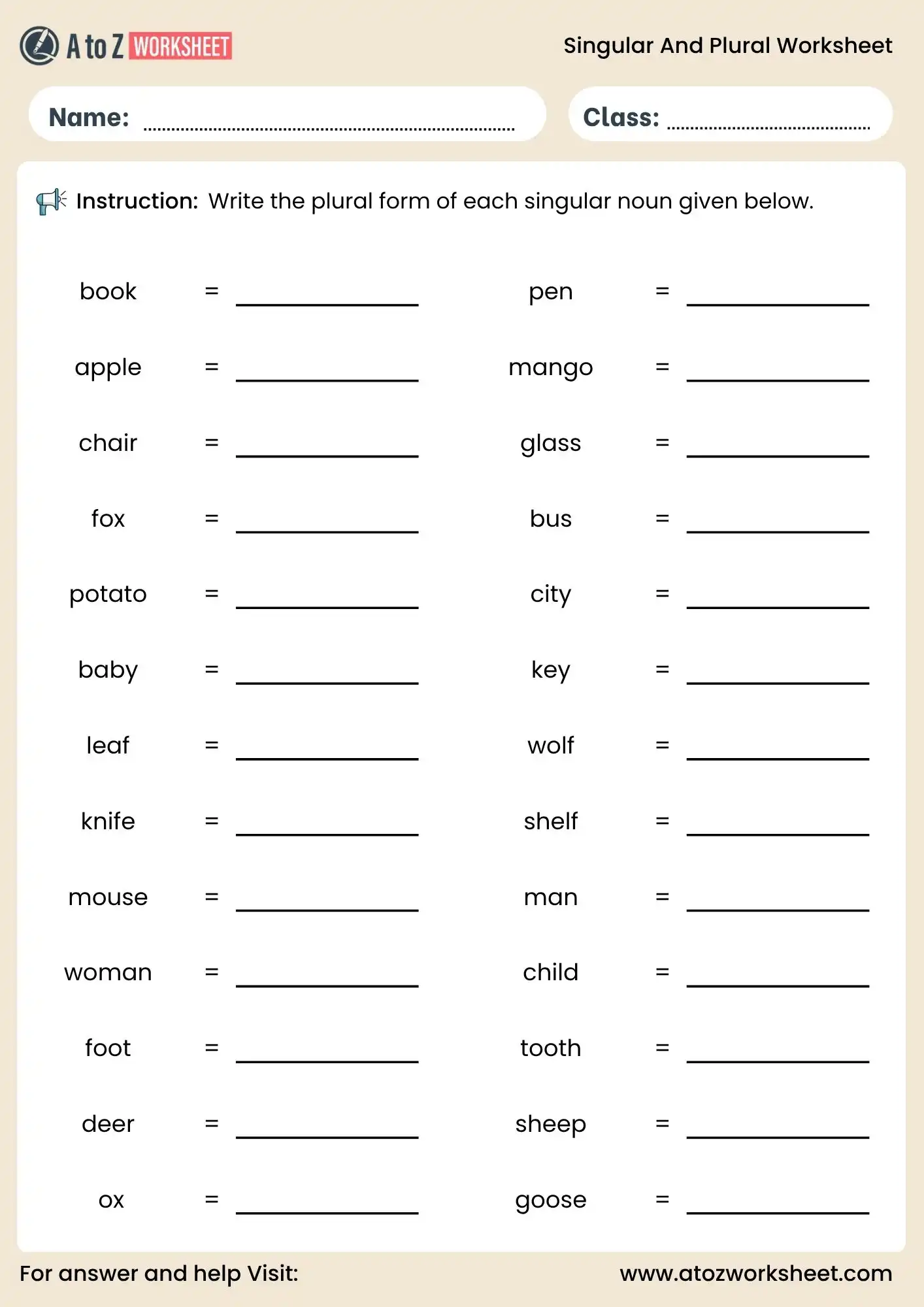 singular and plural worksheets for class 3 and class 4 noun activity