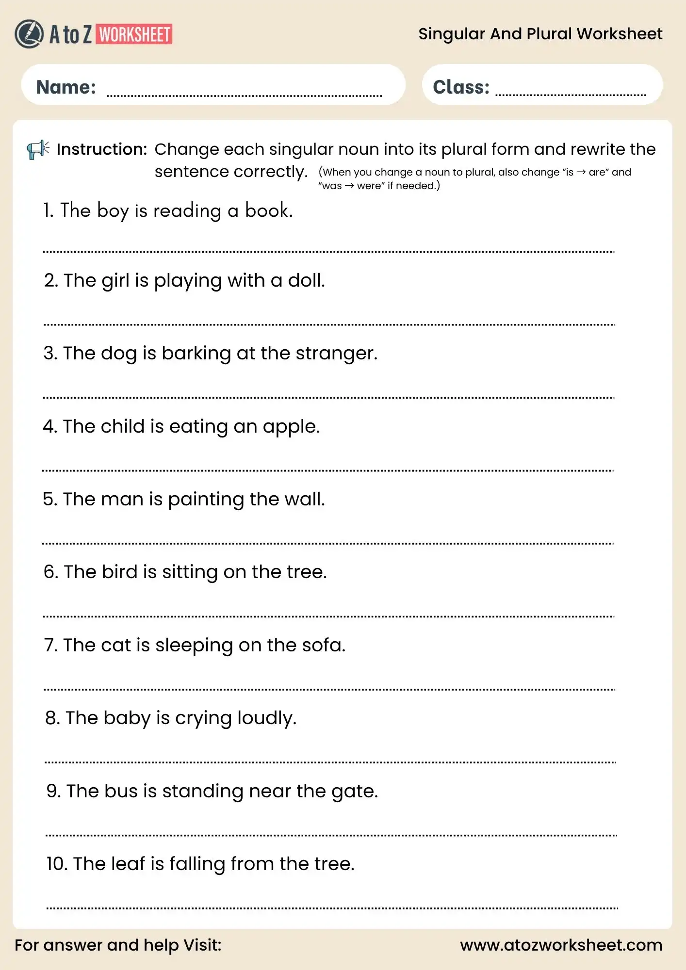 singular and plural worksheets for class 3 and class 4 sentence rewriting