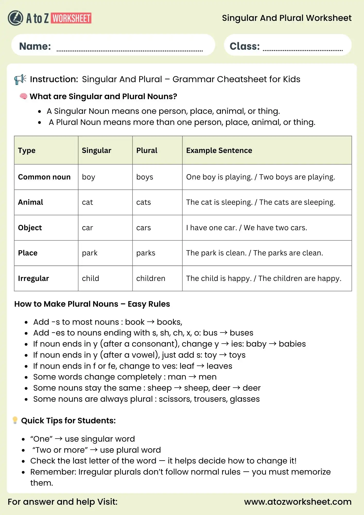 singular and plural worksheets grammar cheatsheet for kids