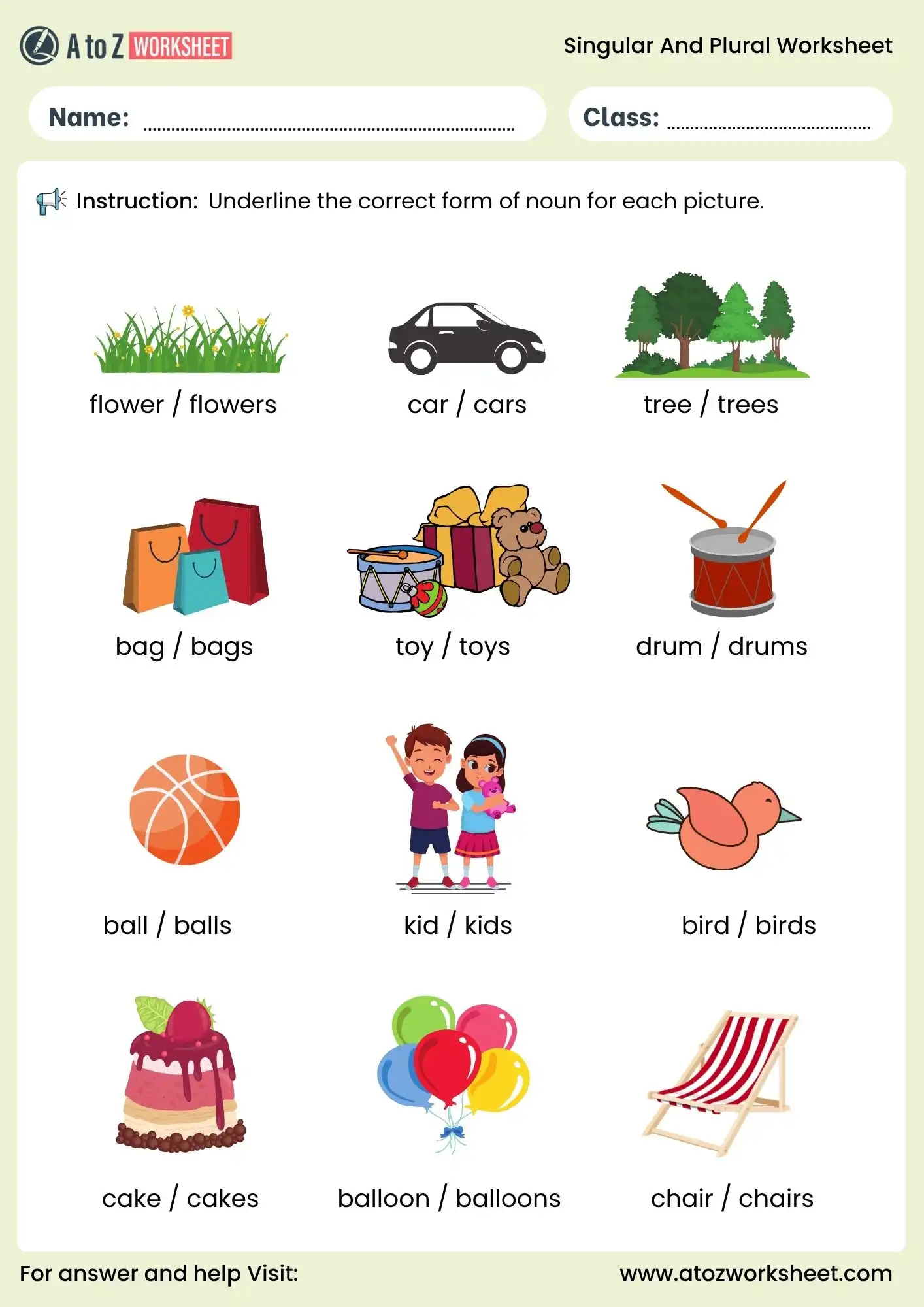 singular and plural worksheets underline correct noun picture activity