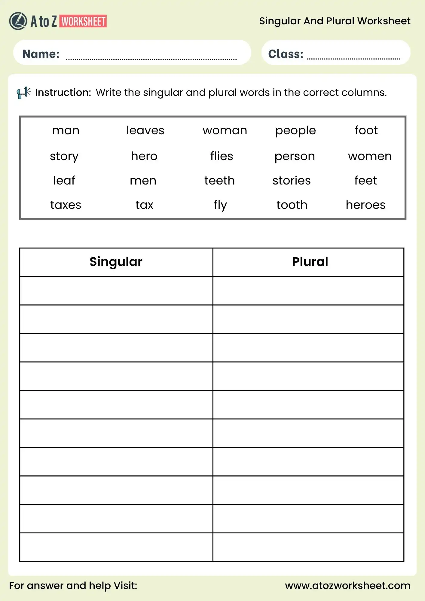 singular and plural worksheets sort words in correct columns