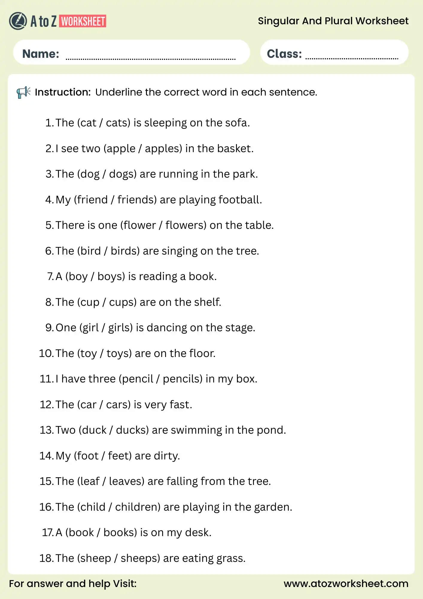 singular and plural worksheets choose correct word in sentences