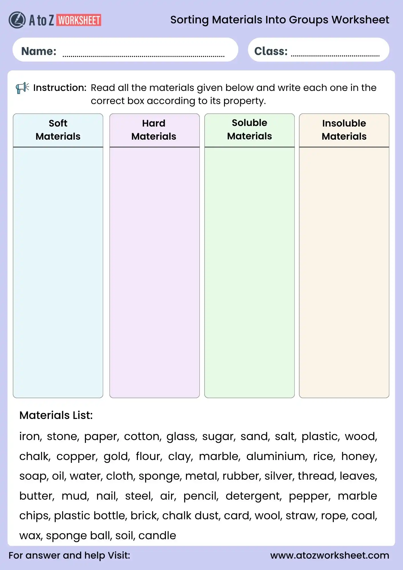 This worksheet helps students identify and group materials made of metal, wood, and glass through a simple cut and paste activity.