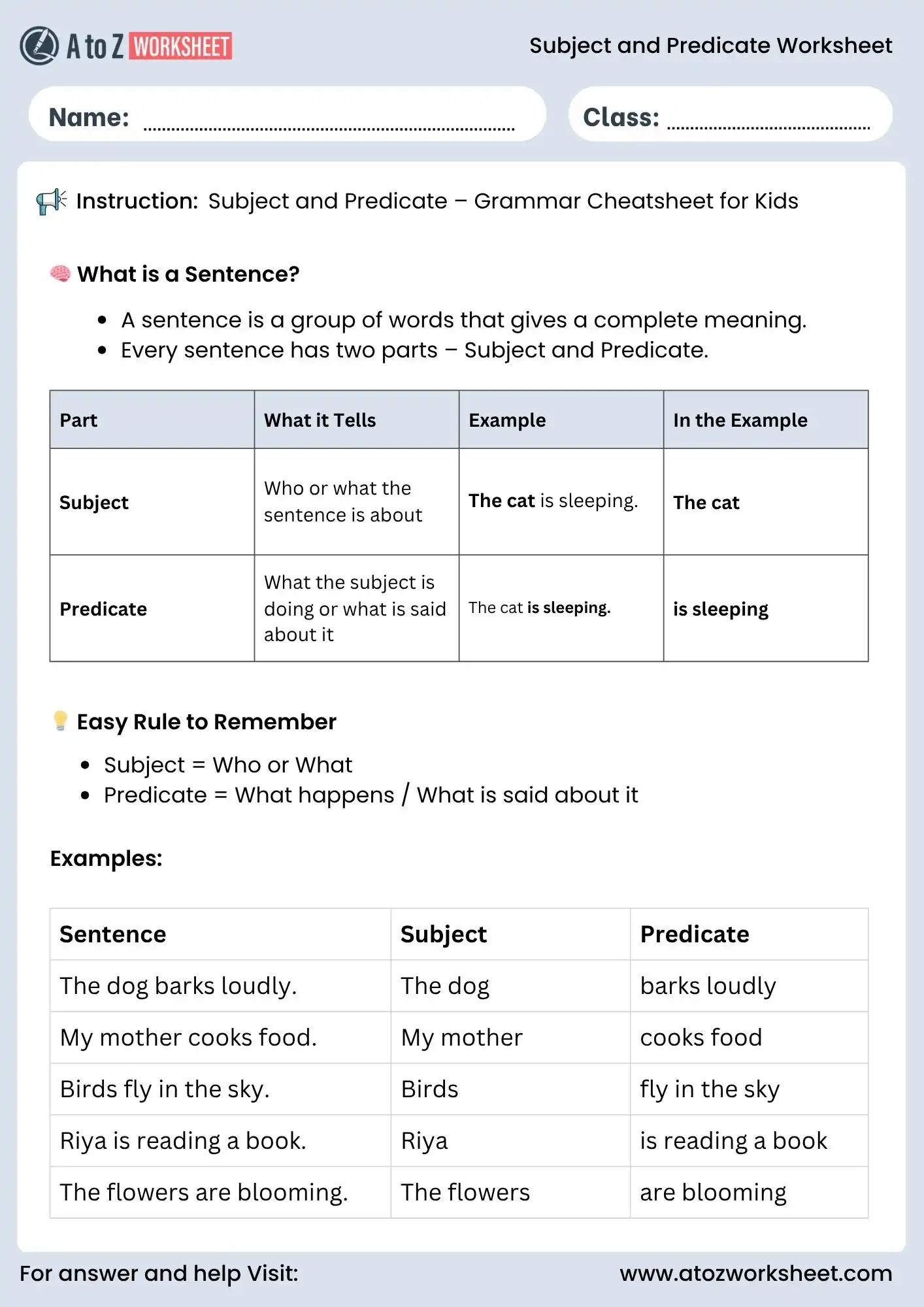 subject and predicate worksheet for class 3 and class 4 grammar cheatsheet with answers