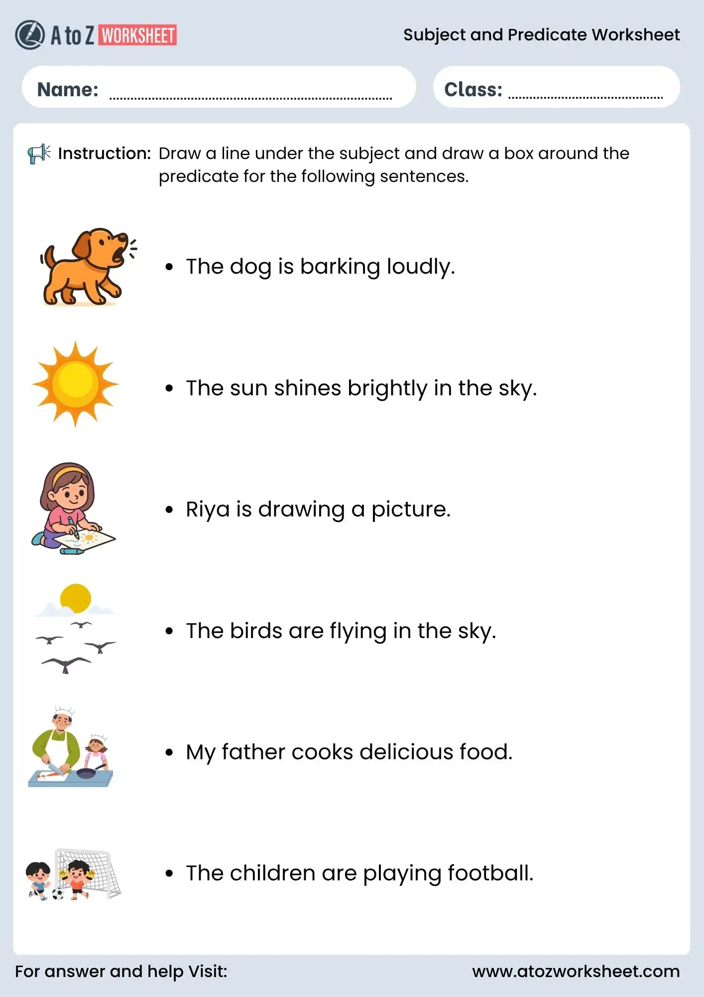 subject and predicate worksheet for class 3 and class 4 english activity with answers