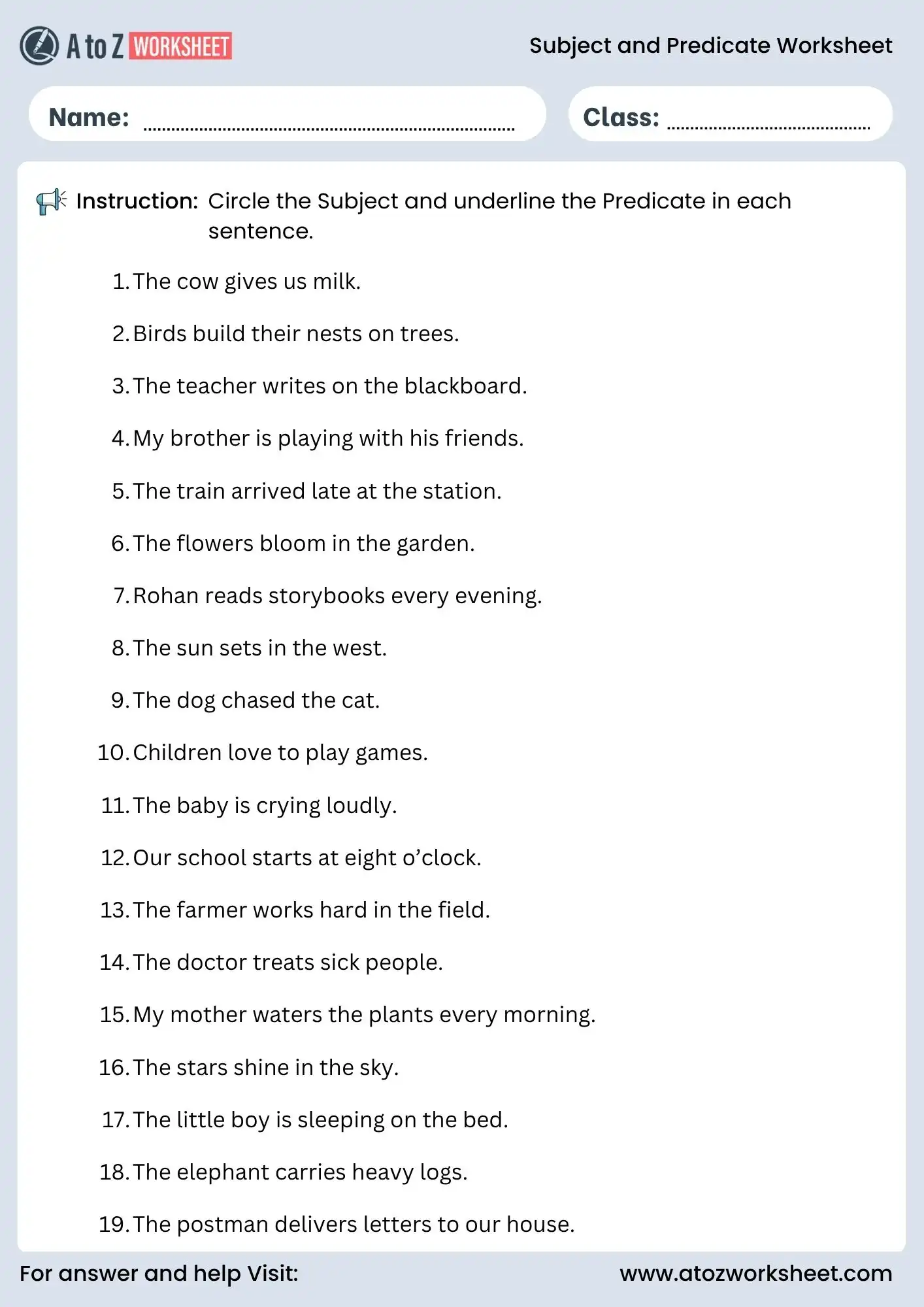 subject and predicate worksheet for class 3 and class 4 grammar identification