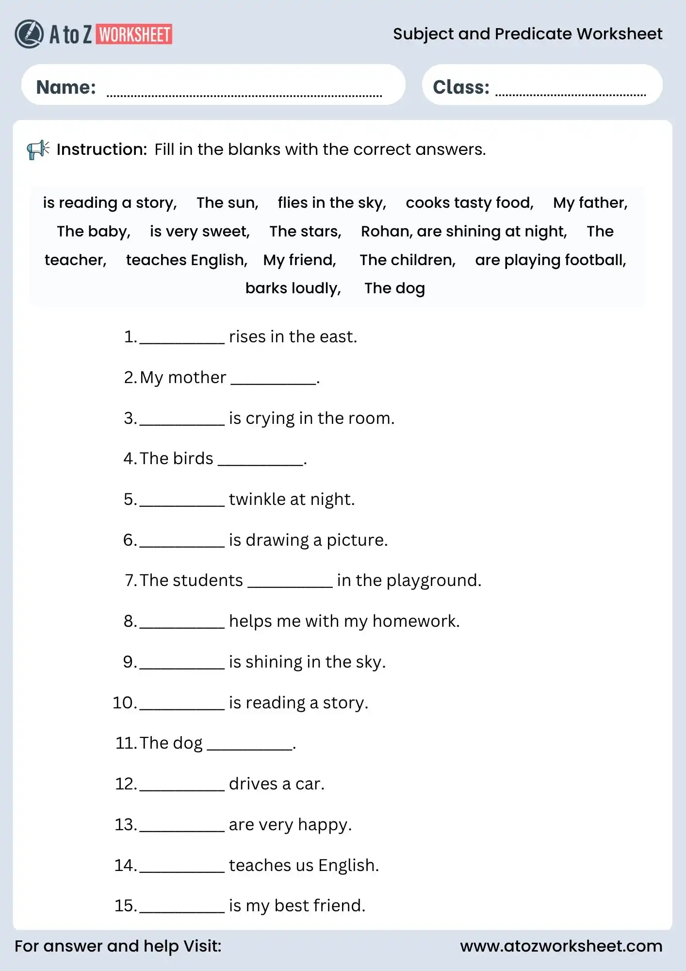 subject and predicate worksheet for class 3 and class 4 fill in the blanks activity