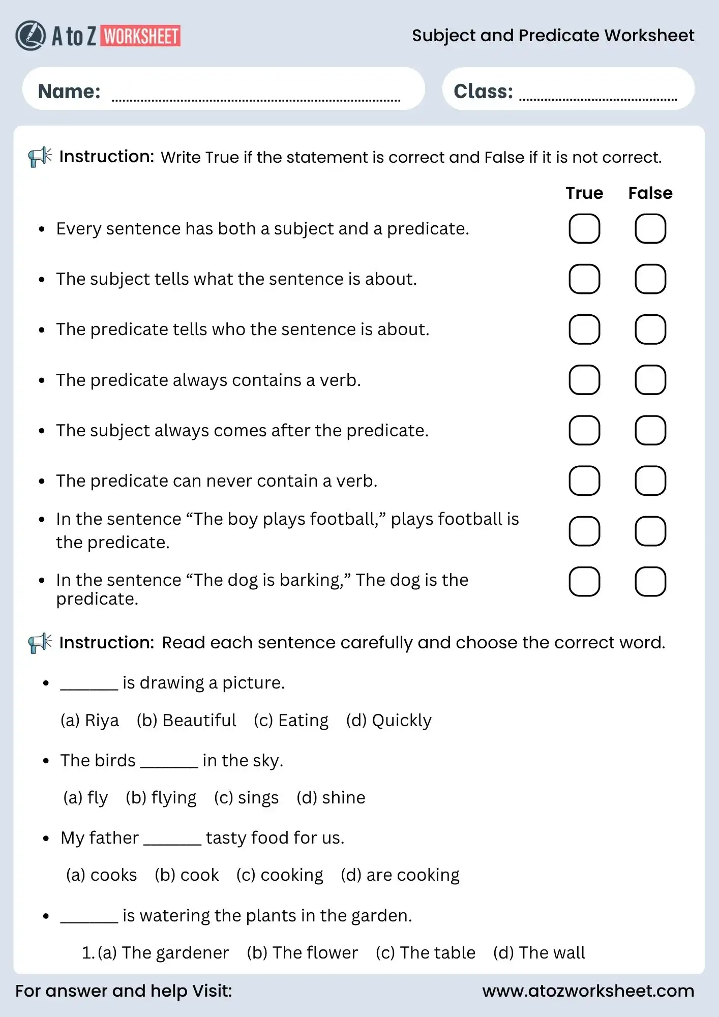 subject and predicate worksheet for class 3 and class 4 with true or false and mcq