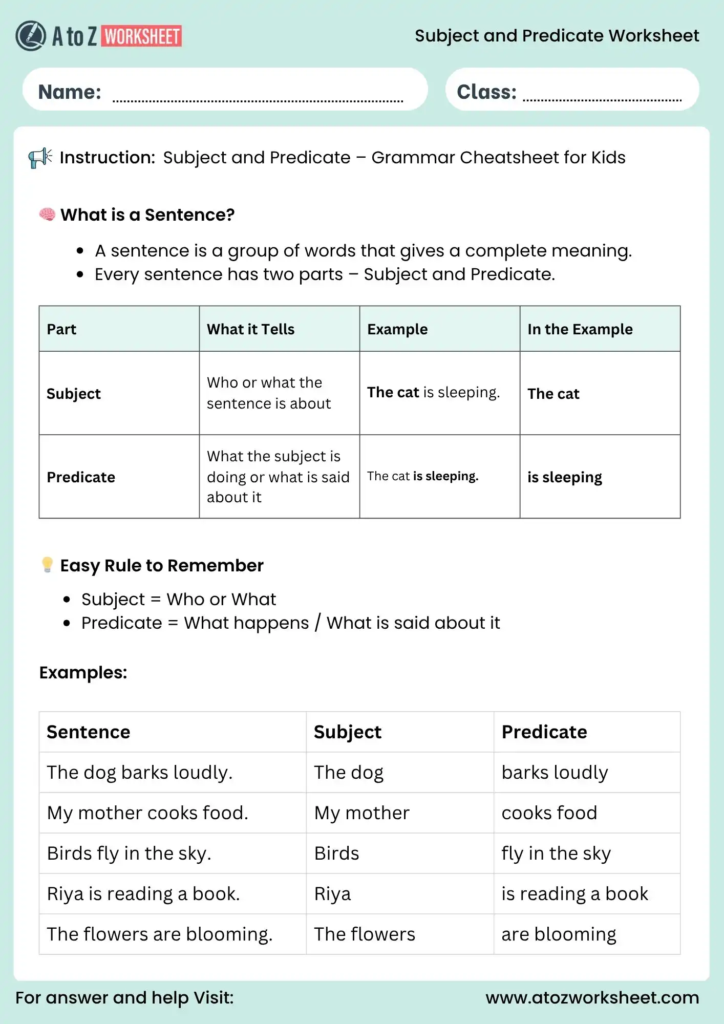 subject and predicate worksheet for class 5 and class 6 grammar cheatsheet