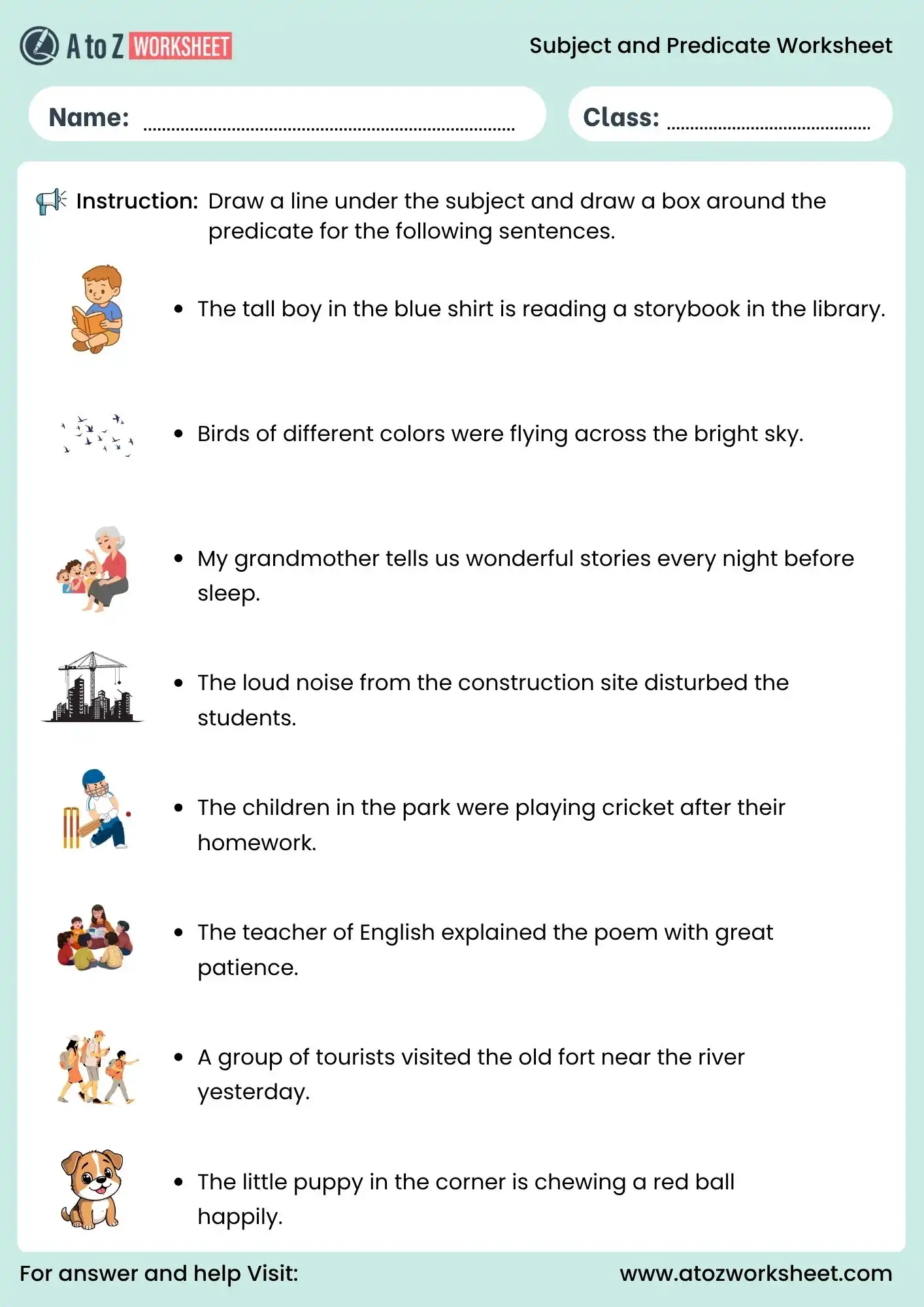 subject and predicate worksheet for class 5 and class 6 draw and underline activity