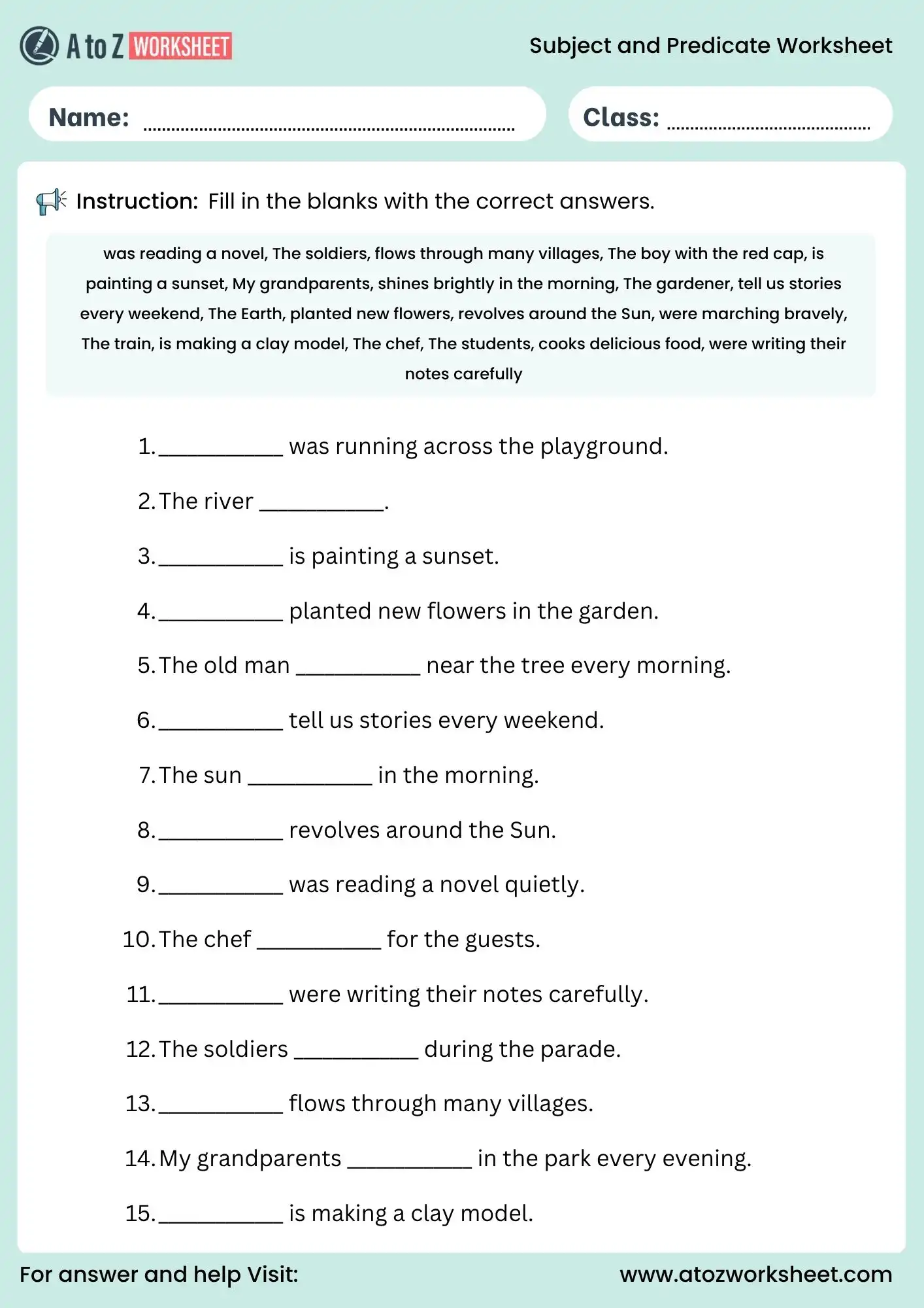 subject and predicate worksheet for class 5 and class 6 fill in the blanks