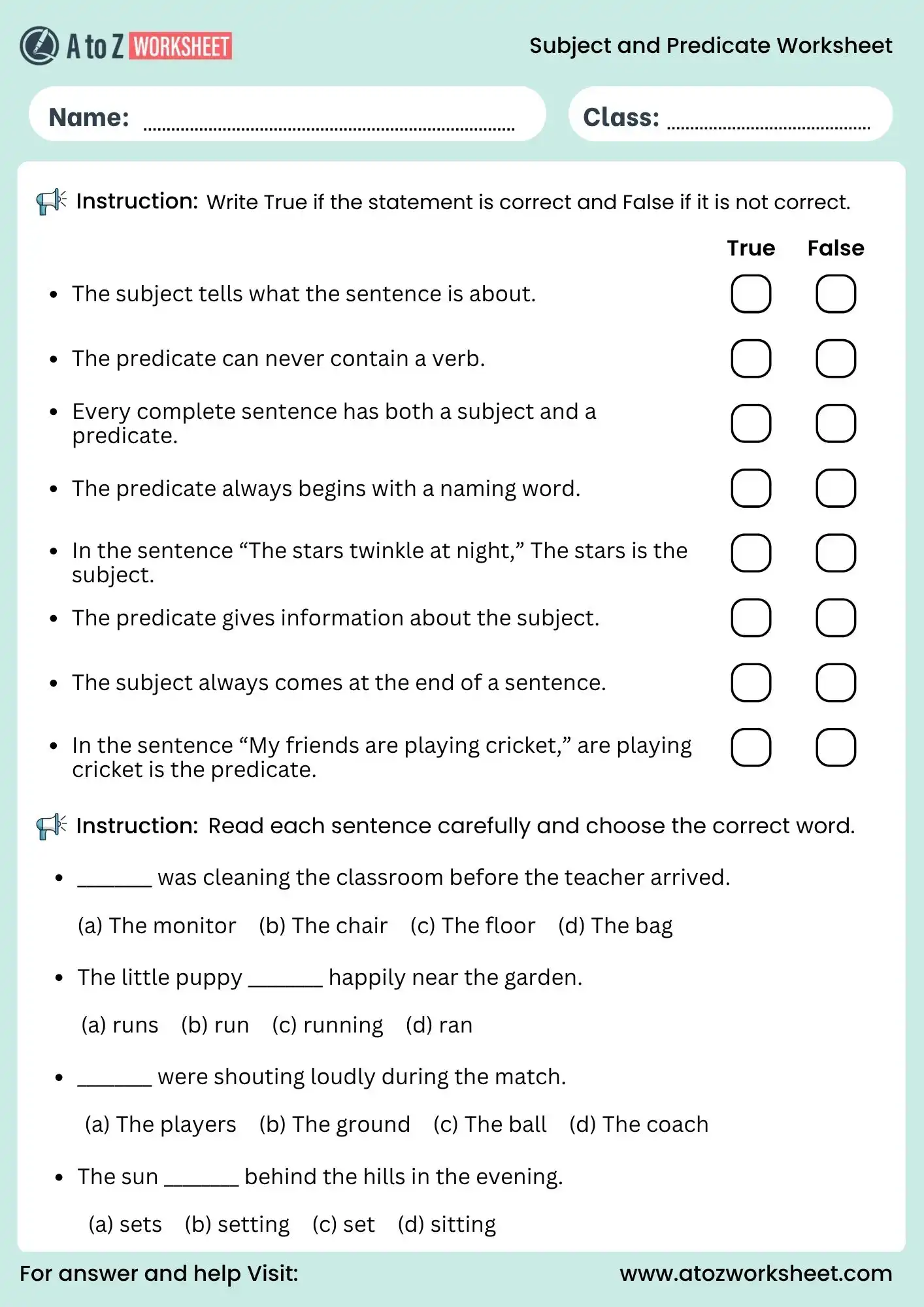 subject and predicate worksheet for class 5 and class 6 true false and mcq
