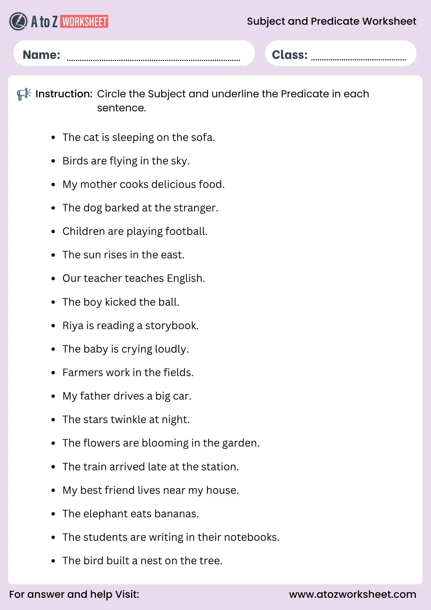 subject and predicate worksheet with answers for grammar exercise
