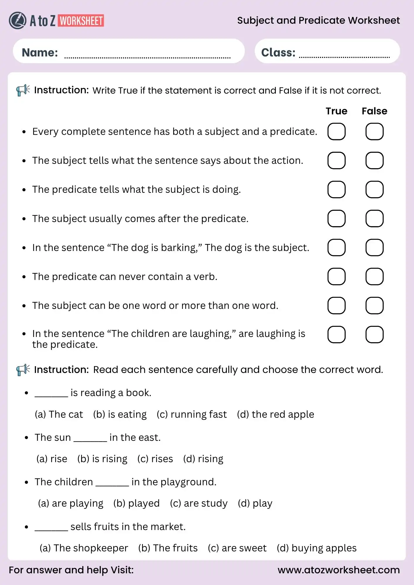 subject and predicate worksheet with answers true or false and mcq