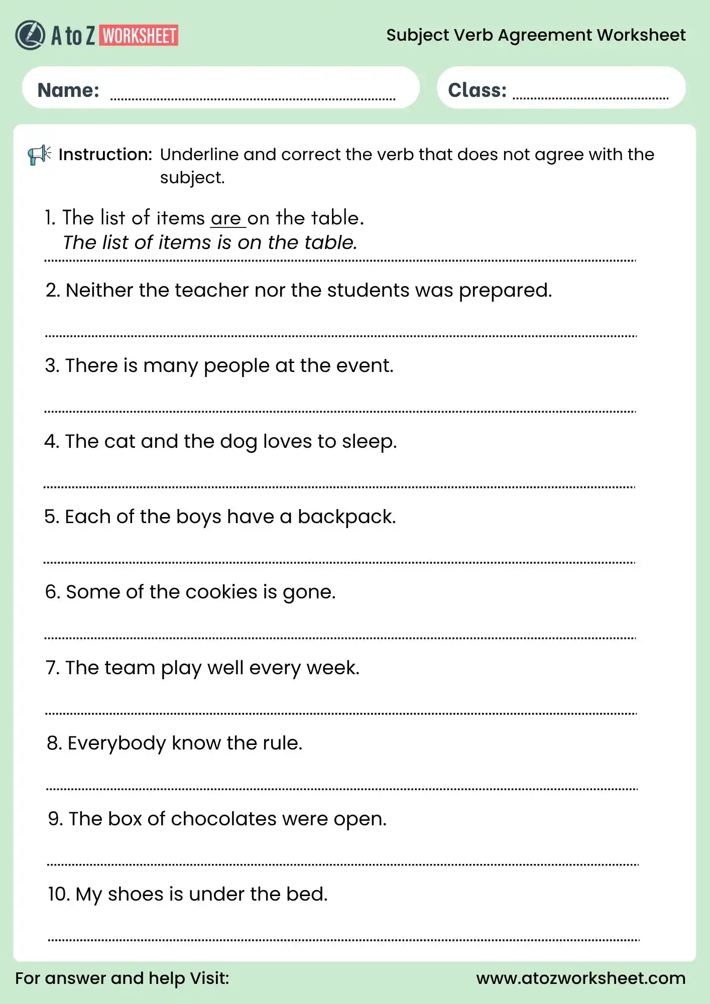 subject verb agreement worksheets correct the verb mistakes exercise