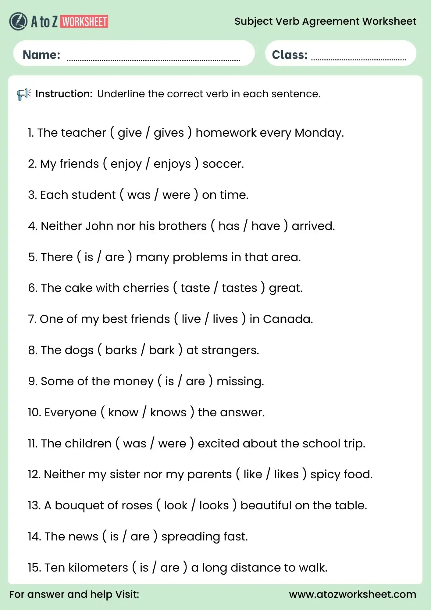 subject verb agreement worksheets choose correct verb activity
