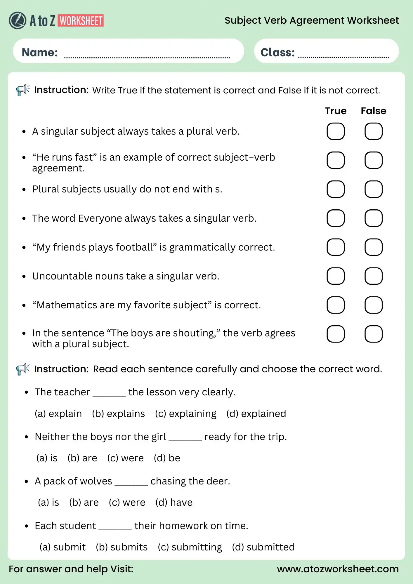subject verb agreement worksheets true false and mcq grammar test