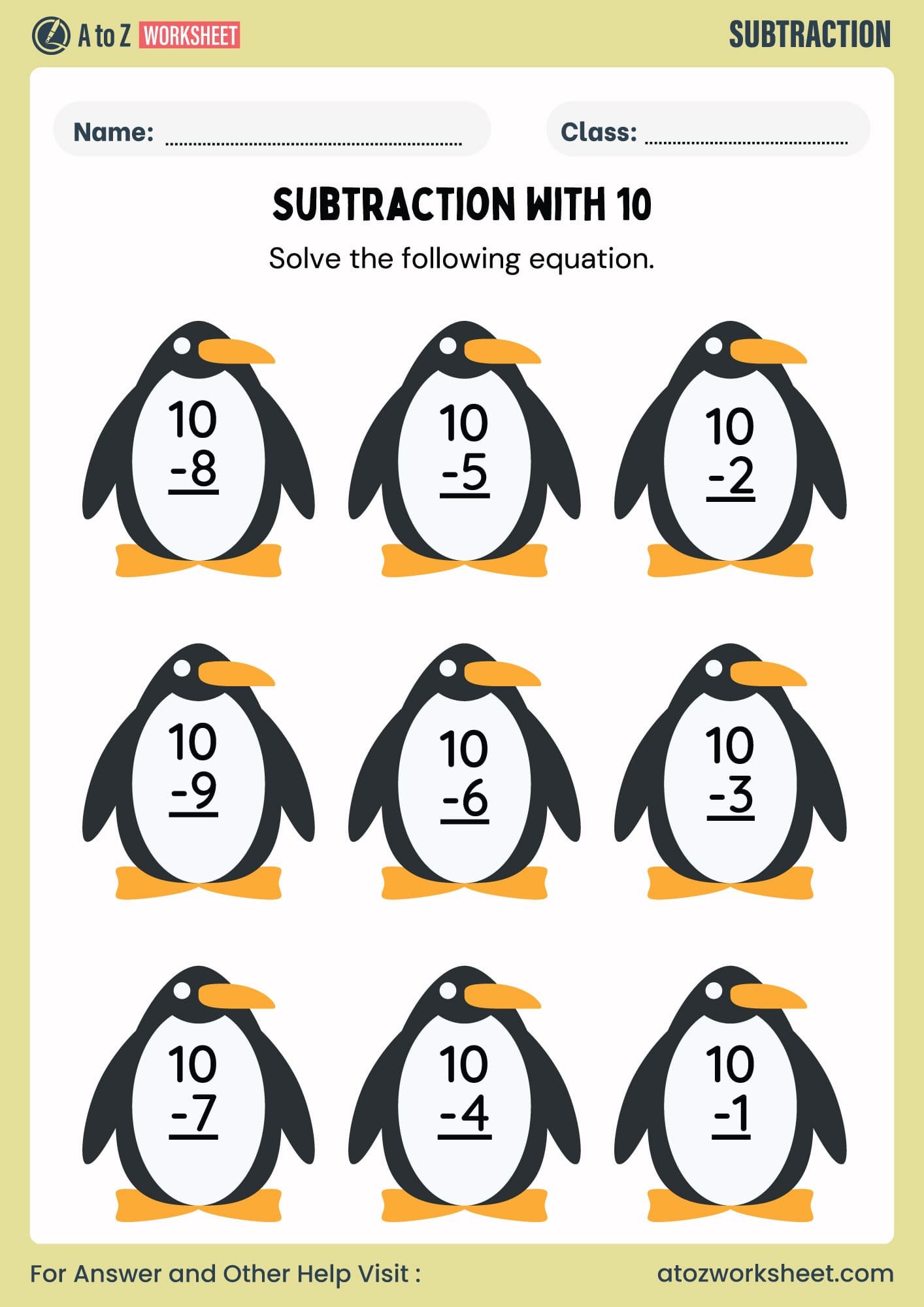 subtraction worksheet for kg, class 1, class 2 and class 3