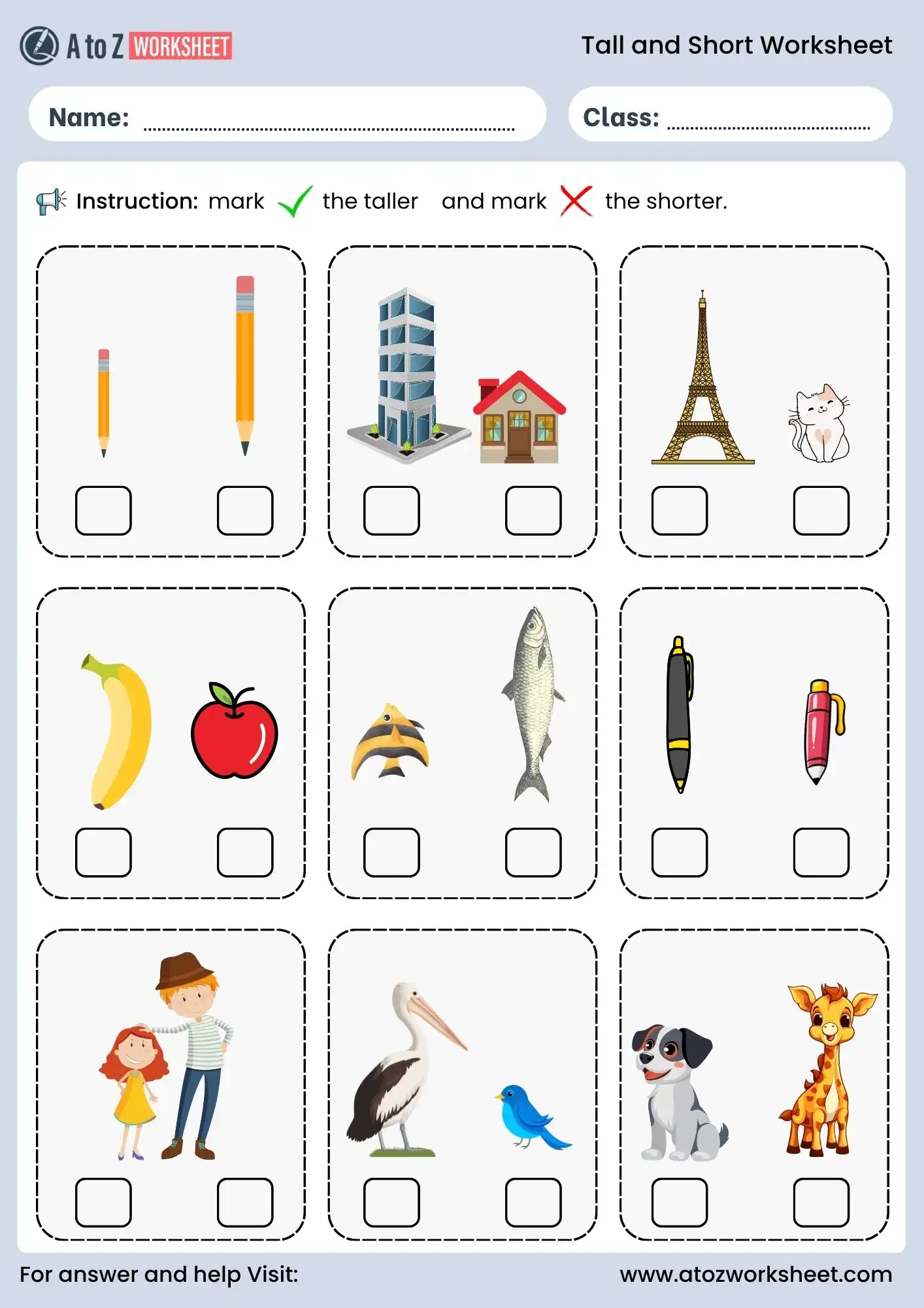 tall and short worksheets for kids with answers for nursery lkg ukg class 1