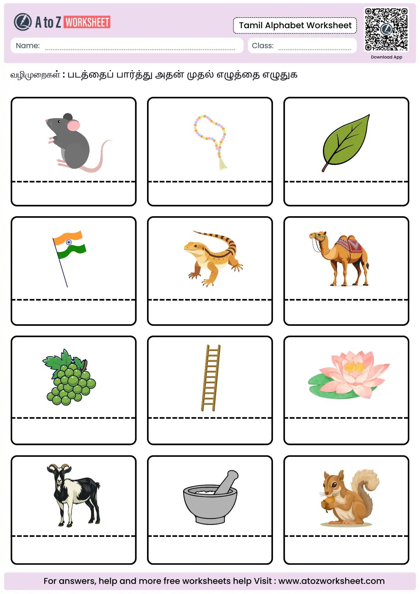 writing the first letter for vowels in tamil alphabets worksheets with rat and flag.