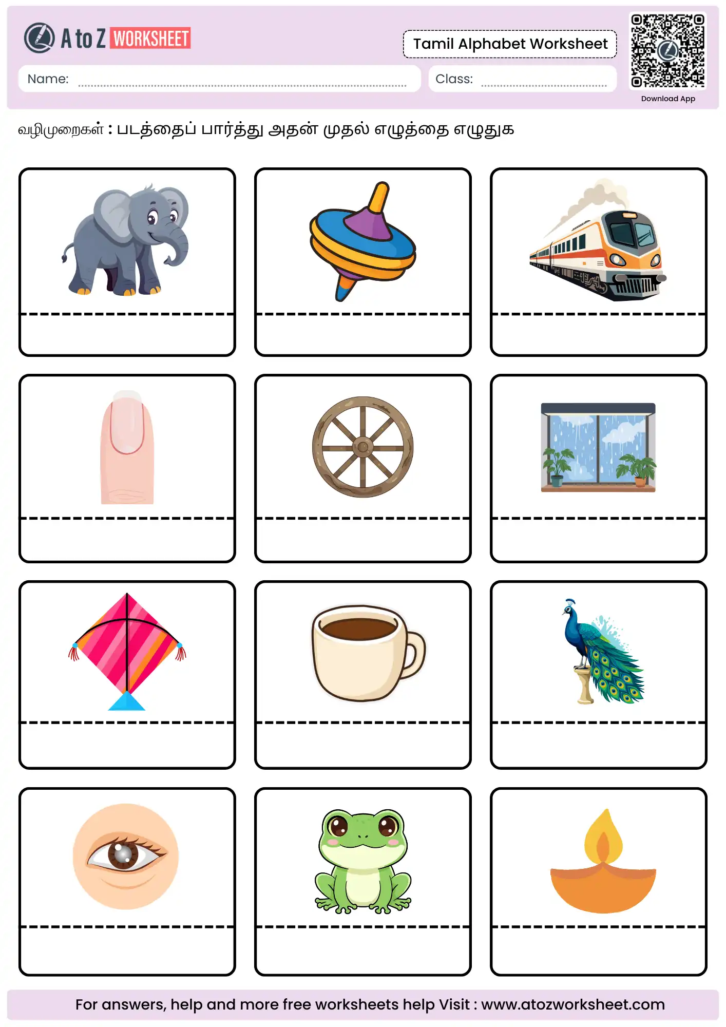 consonant writing practice in tamil alphabets worksheets featuring an elephant and kite.