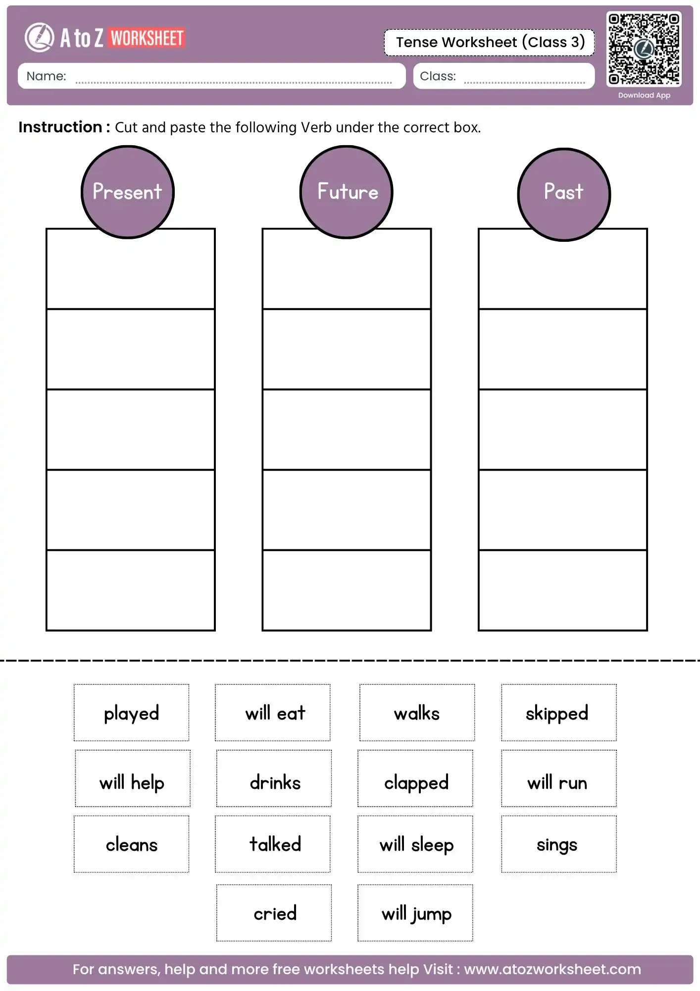 cut and paste action word sorting board inside a collection of tense worksheets for class 3.
