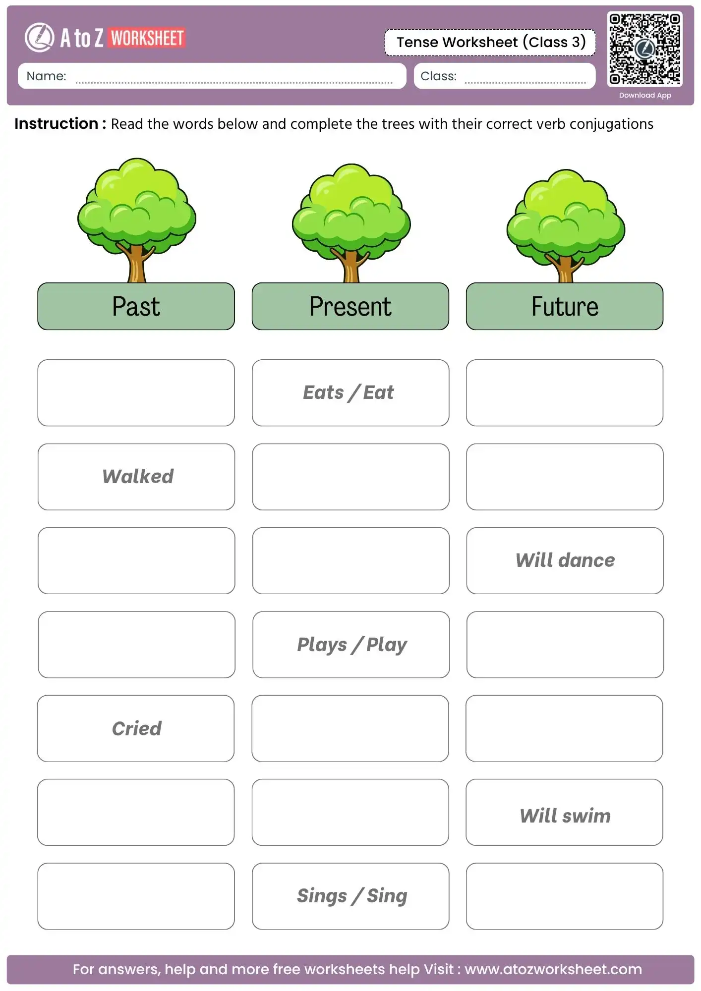 graphic tree conjugation completion activity sheet found in tense worksheets for class 3