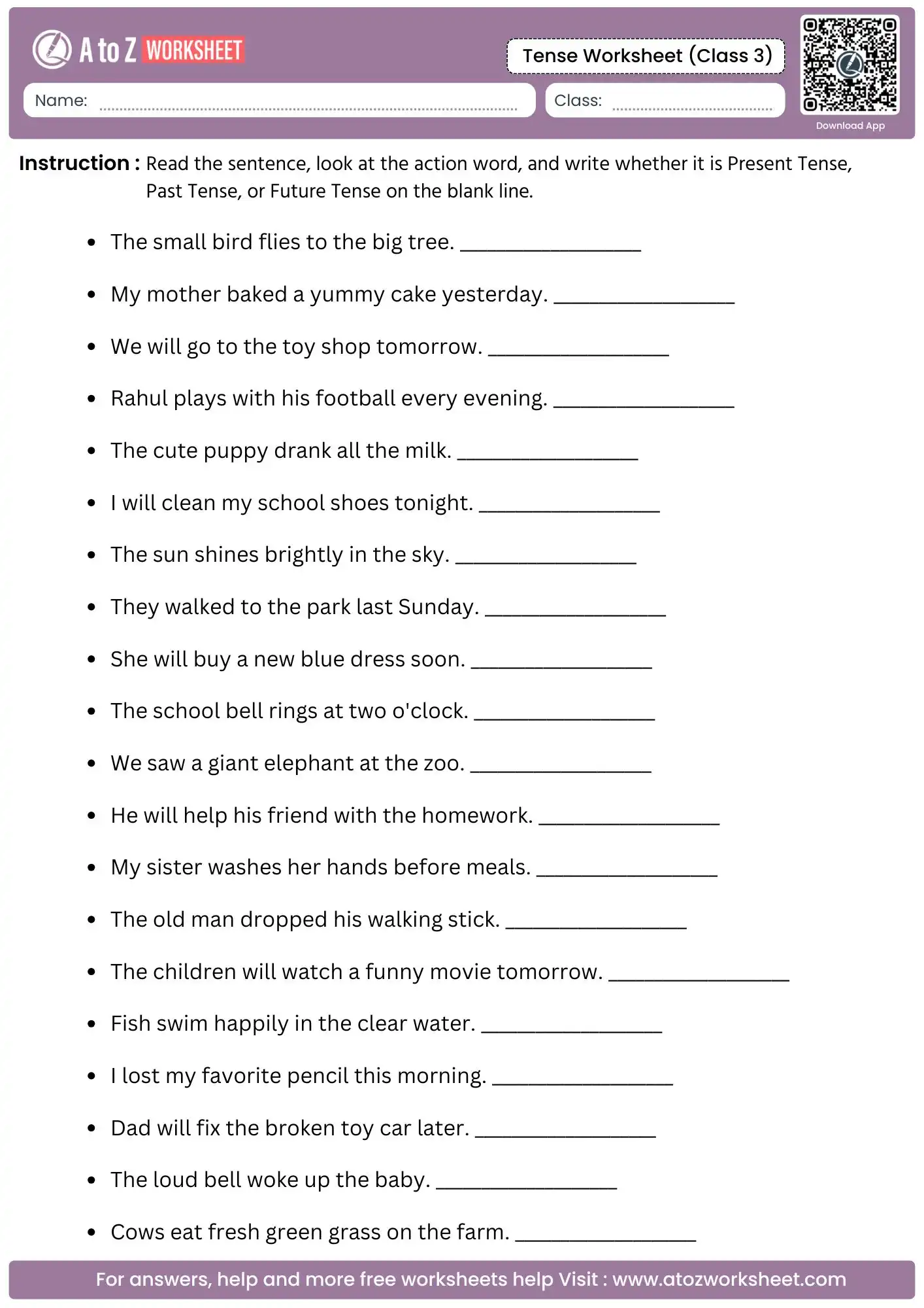 identify the action word timeline and write labels within tense worksheets for class 3