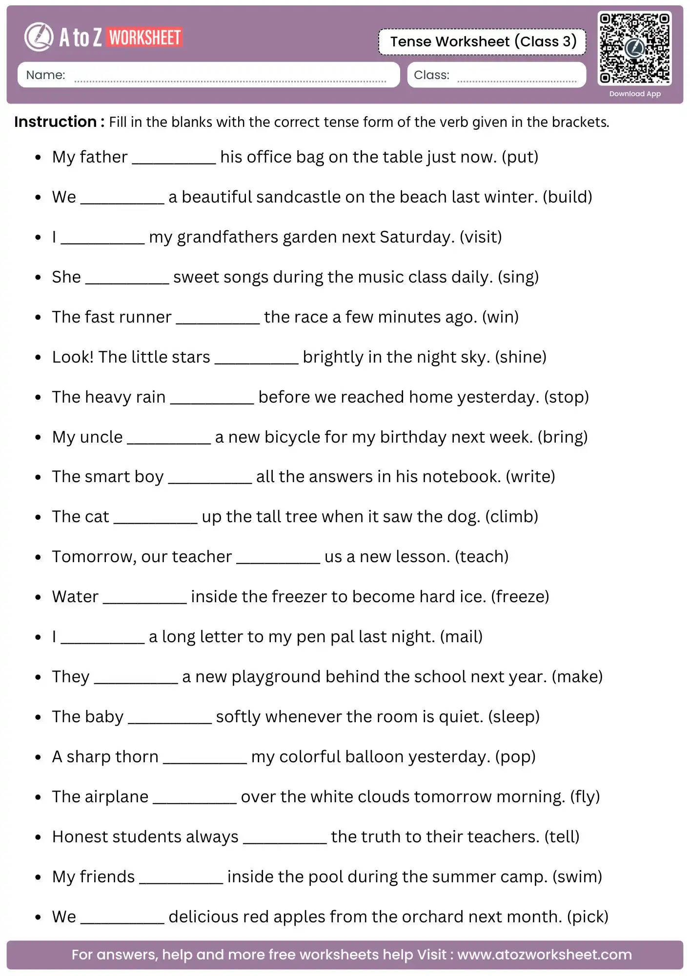 fill in the blanks using bracketed base action words inside tense worksheets for class 3