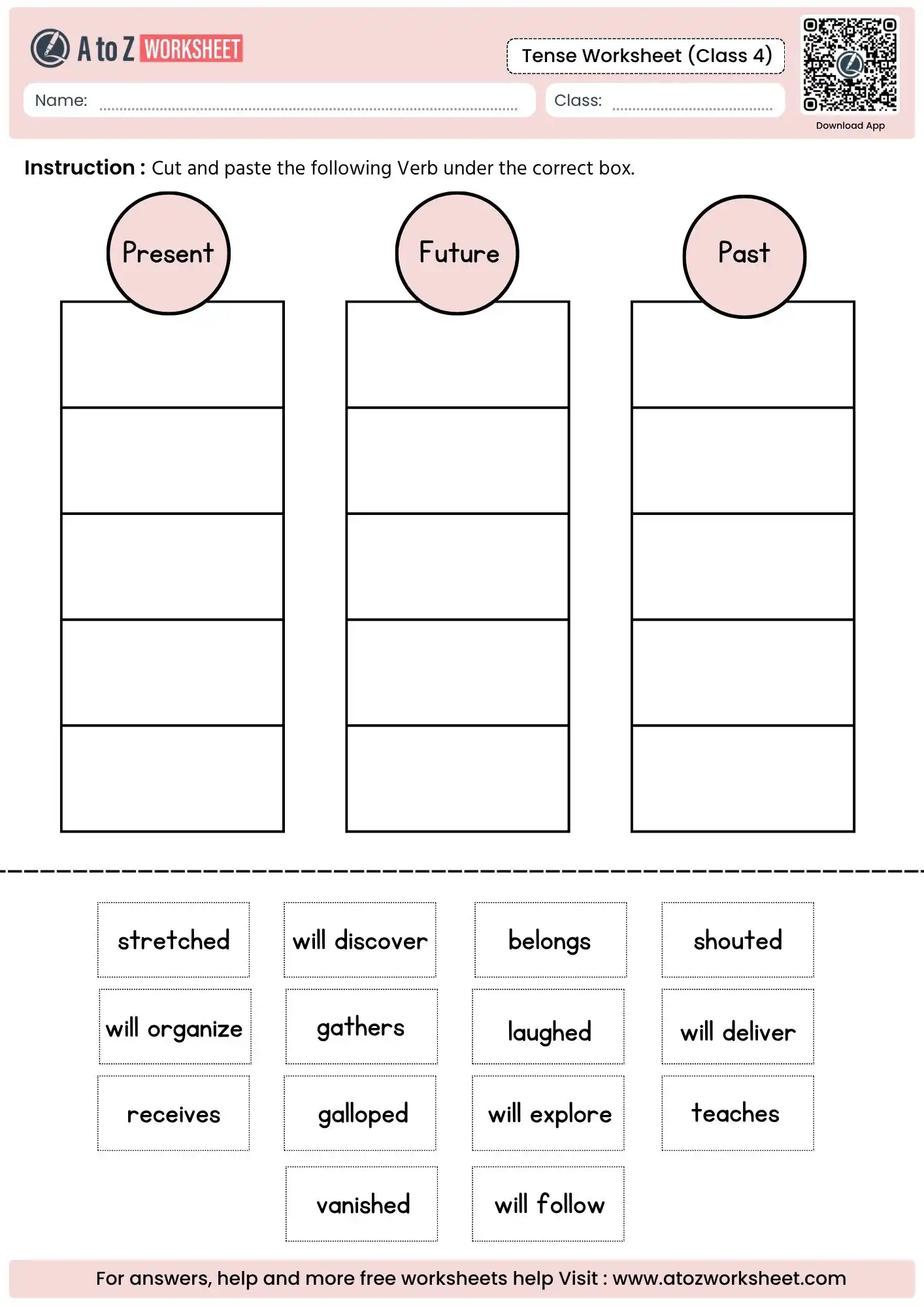 cut and paste action verb sorting board inside a collection of tense worksheets for class 4