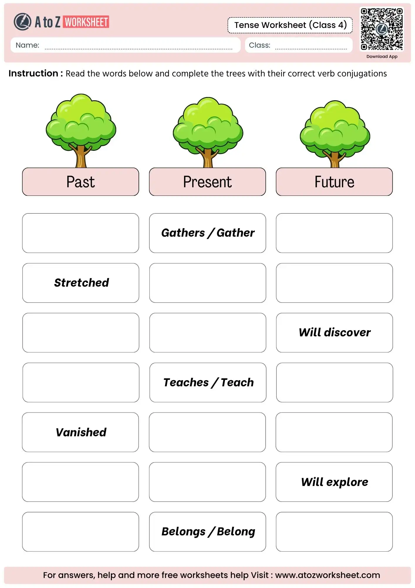 graphical conjugation tree charts for tracking time transformations in tense worksheets for class 4
