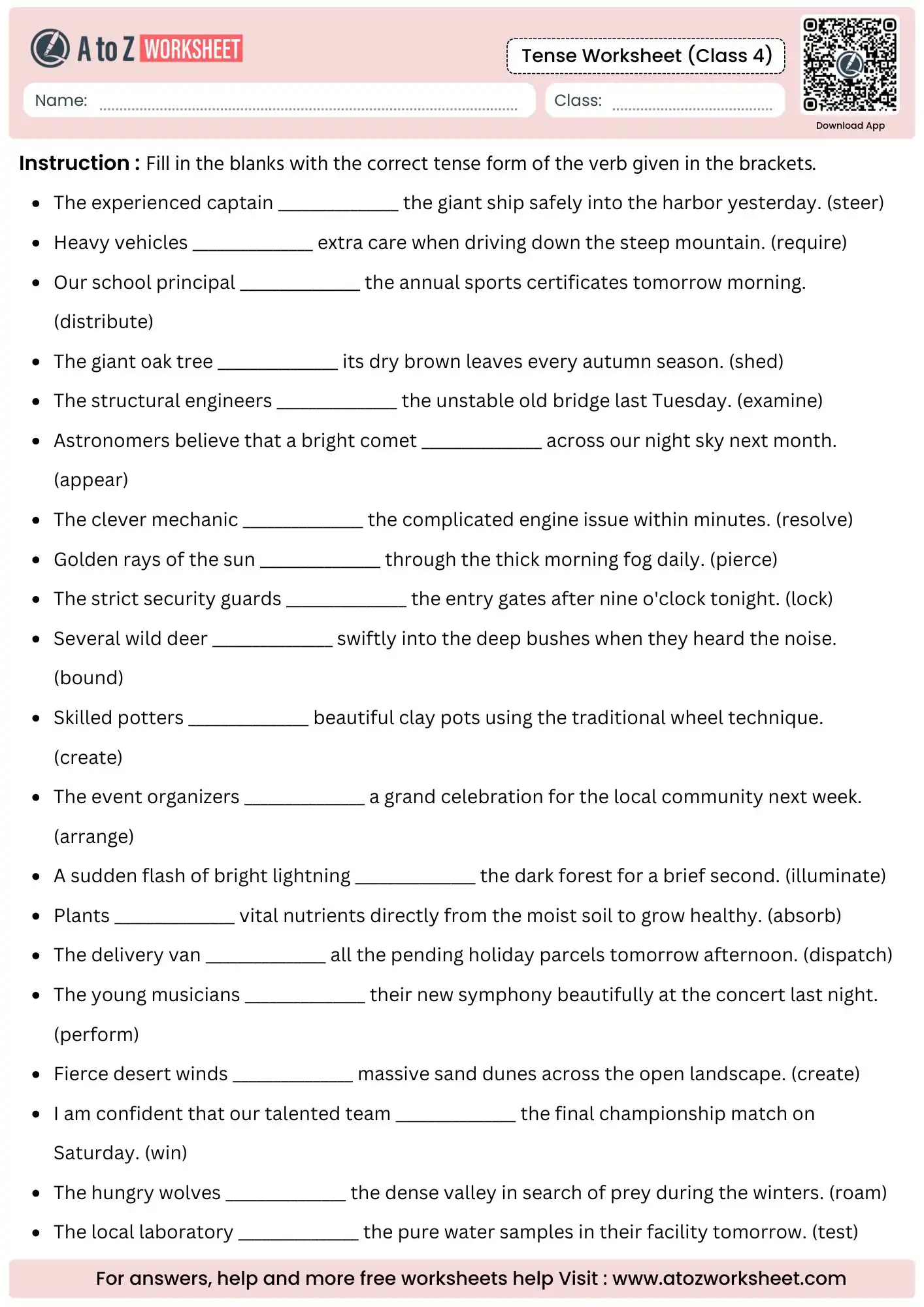 full page paragraph context fill in the blanks using bracketed parameters inside tense worksheets for class 4