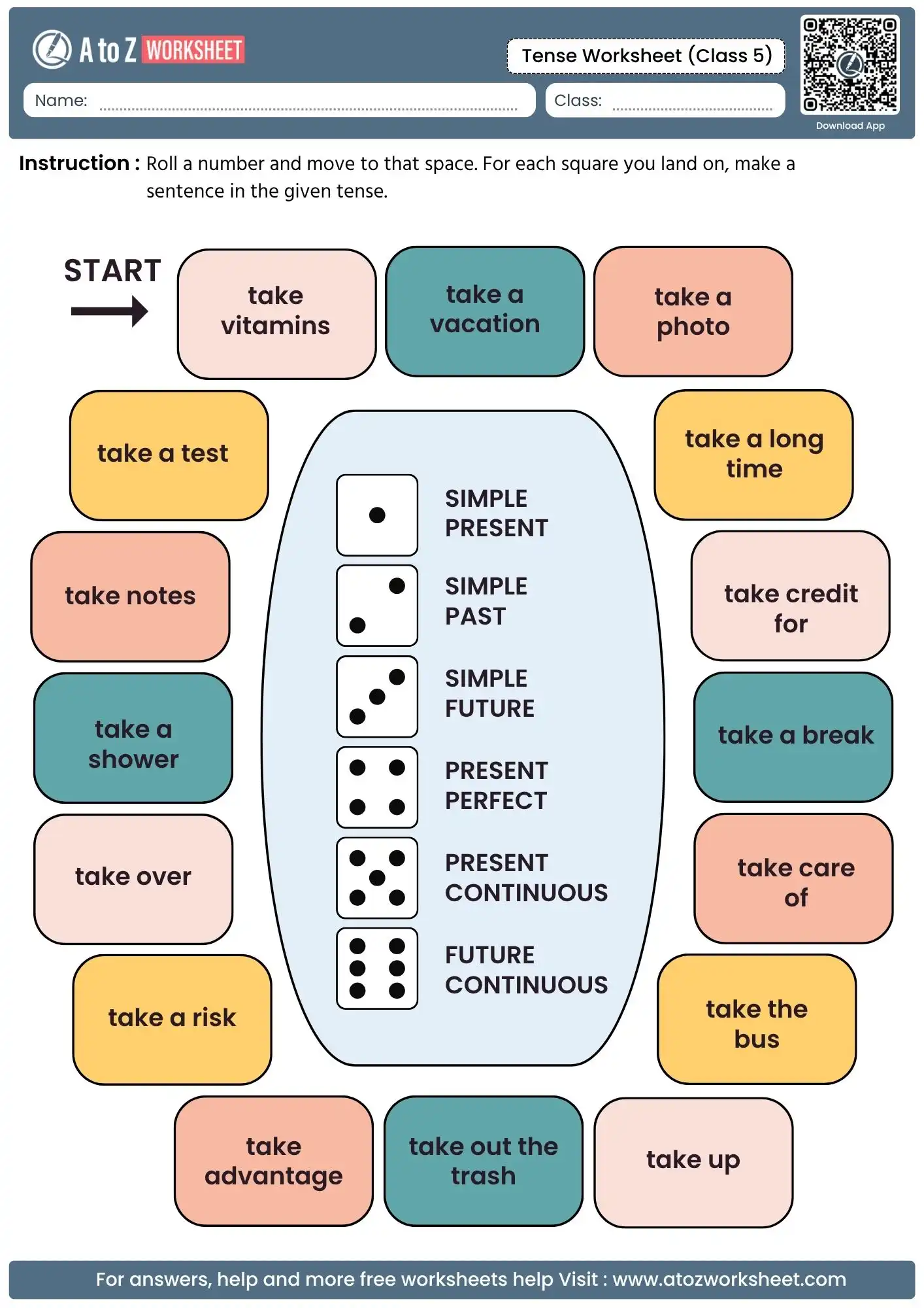 printable board game layout featuring various verb phrases inside a pack of tenses worksheets for class 5