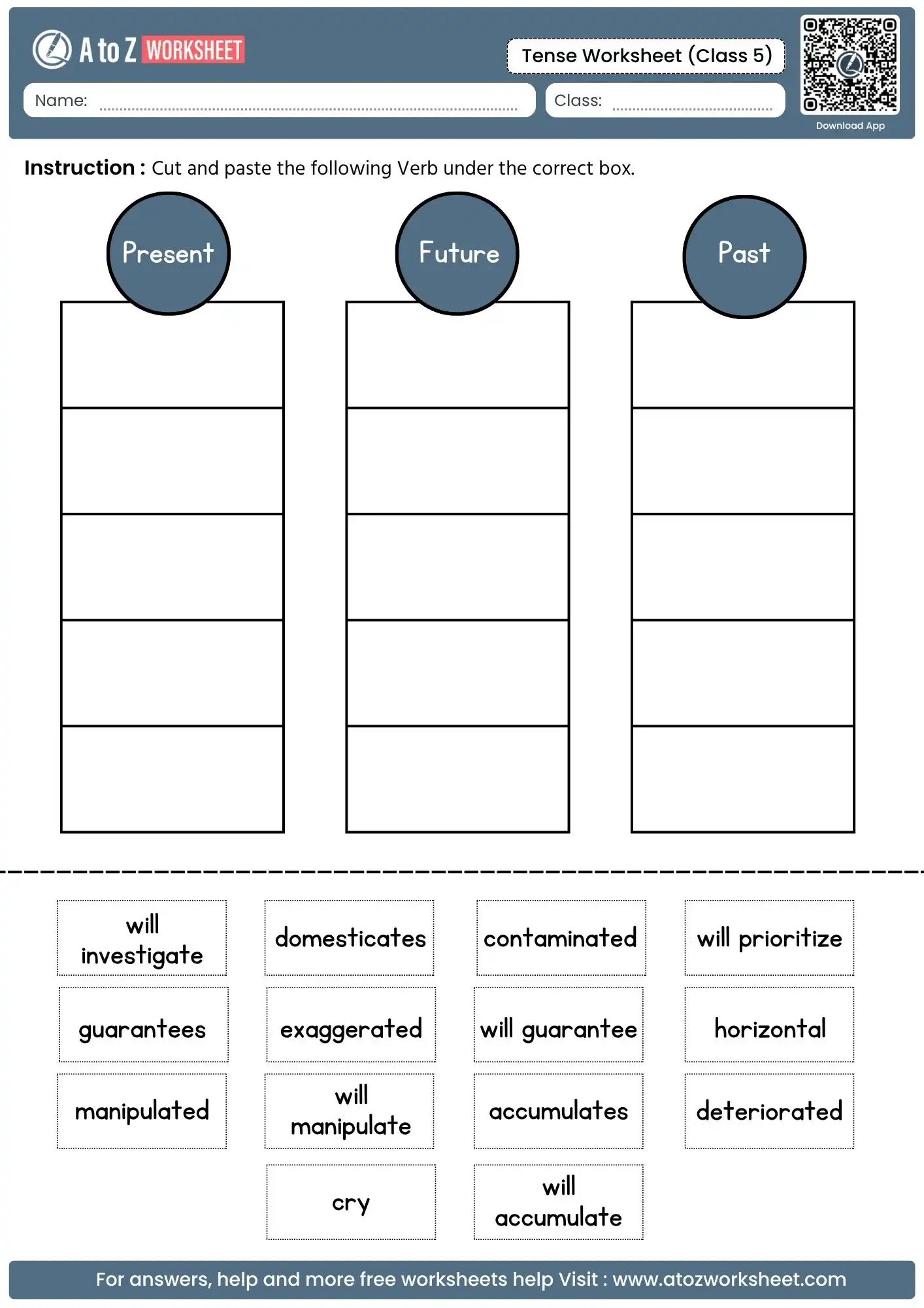 cut and paste verb classification grid in a collection of tenses worksheets for class 5