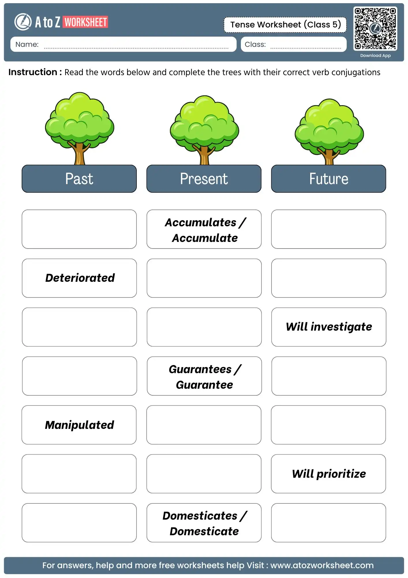 graphical parallel tree conjugation charts found in a bundle of tenses worksheets for class 5