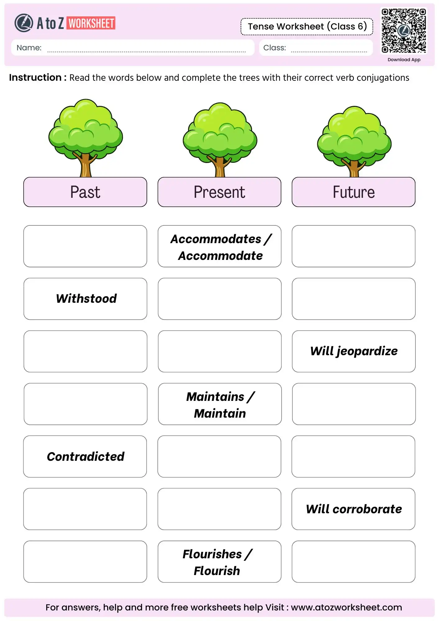 graphic tree conjugation completion matrix in a collection of tenses worksheets for class 6