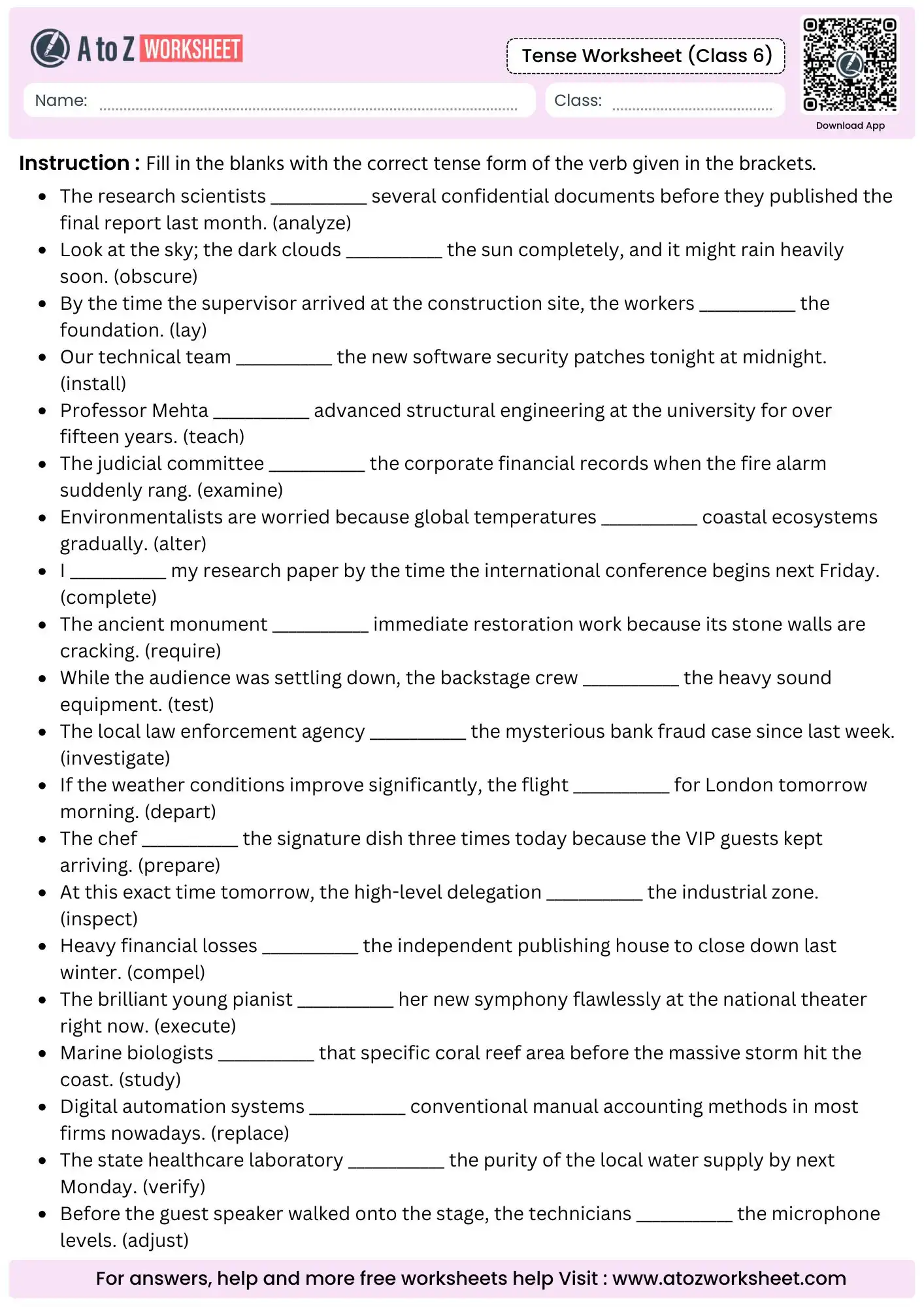 Free Tenses Worksheets For Class 6 English Grammar 3 full page contextual blank filling layout using bracketed parameters within tenses worksheets for class 6