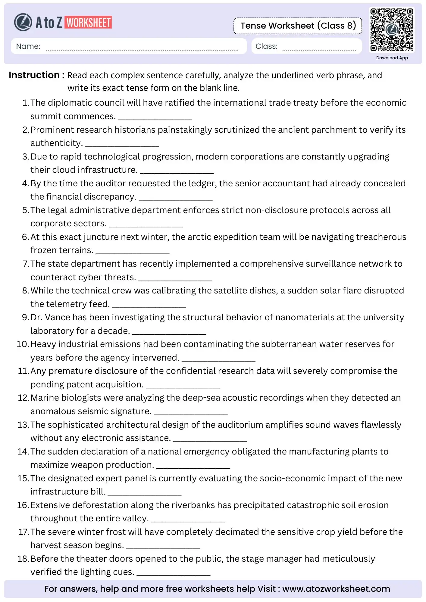 line by line verb phrase analysis and identification track inside tenses worksheets for class 8.