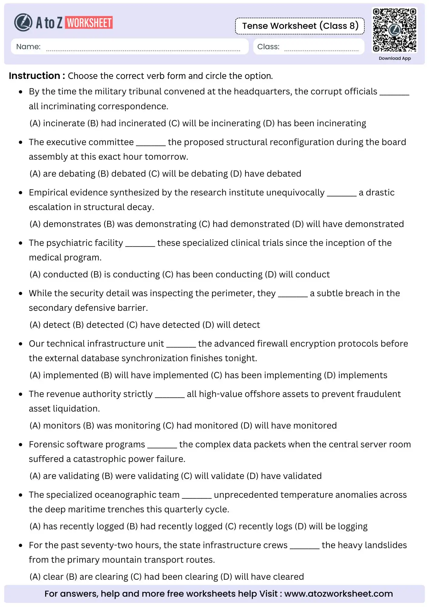selective four option multiple choice evaluation layout within tenses worksheets for class 8